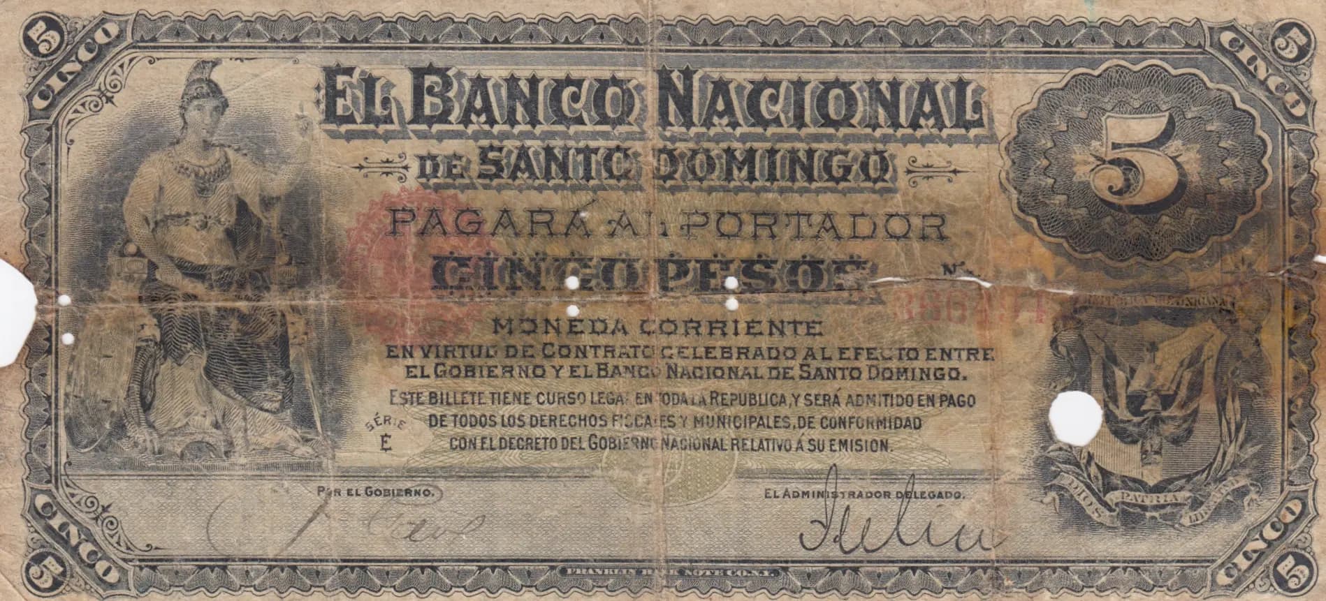 5 pesos 1898 from Dominican Republic, P-S133 (1898) — image 1