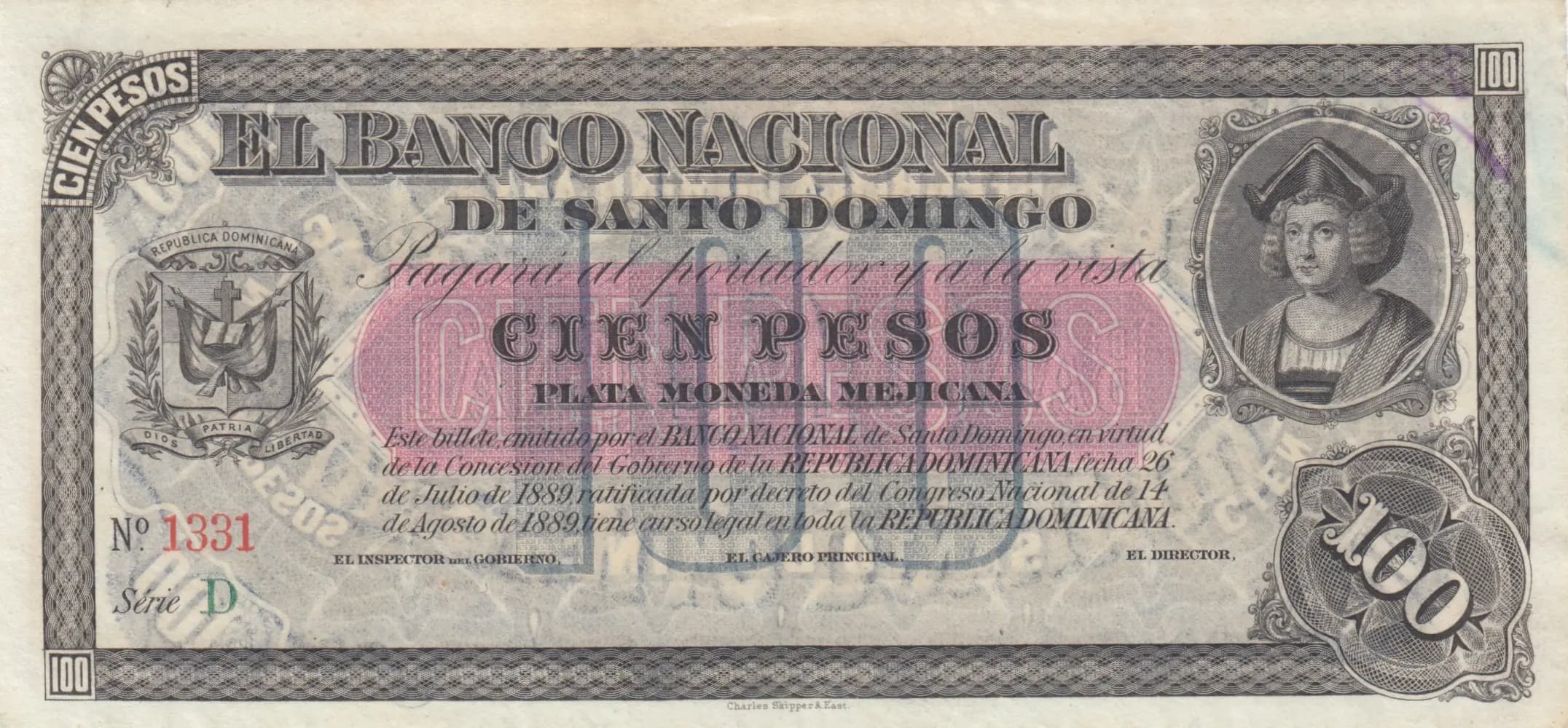 100 pesos 1912 from Dominican Republic, P-S147 (1912) — image 1