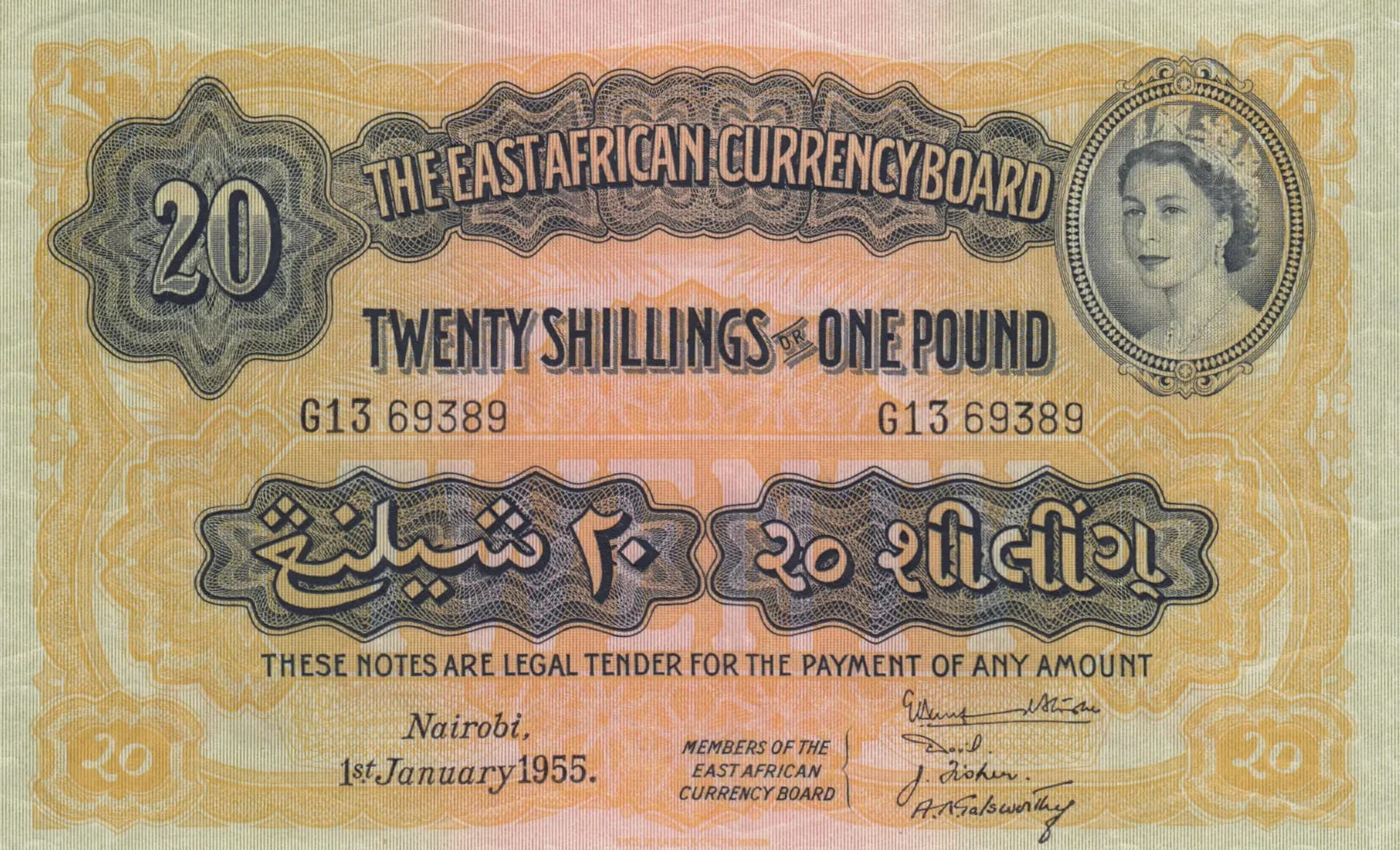20 shillings 1955 from East Africa, P-35