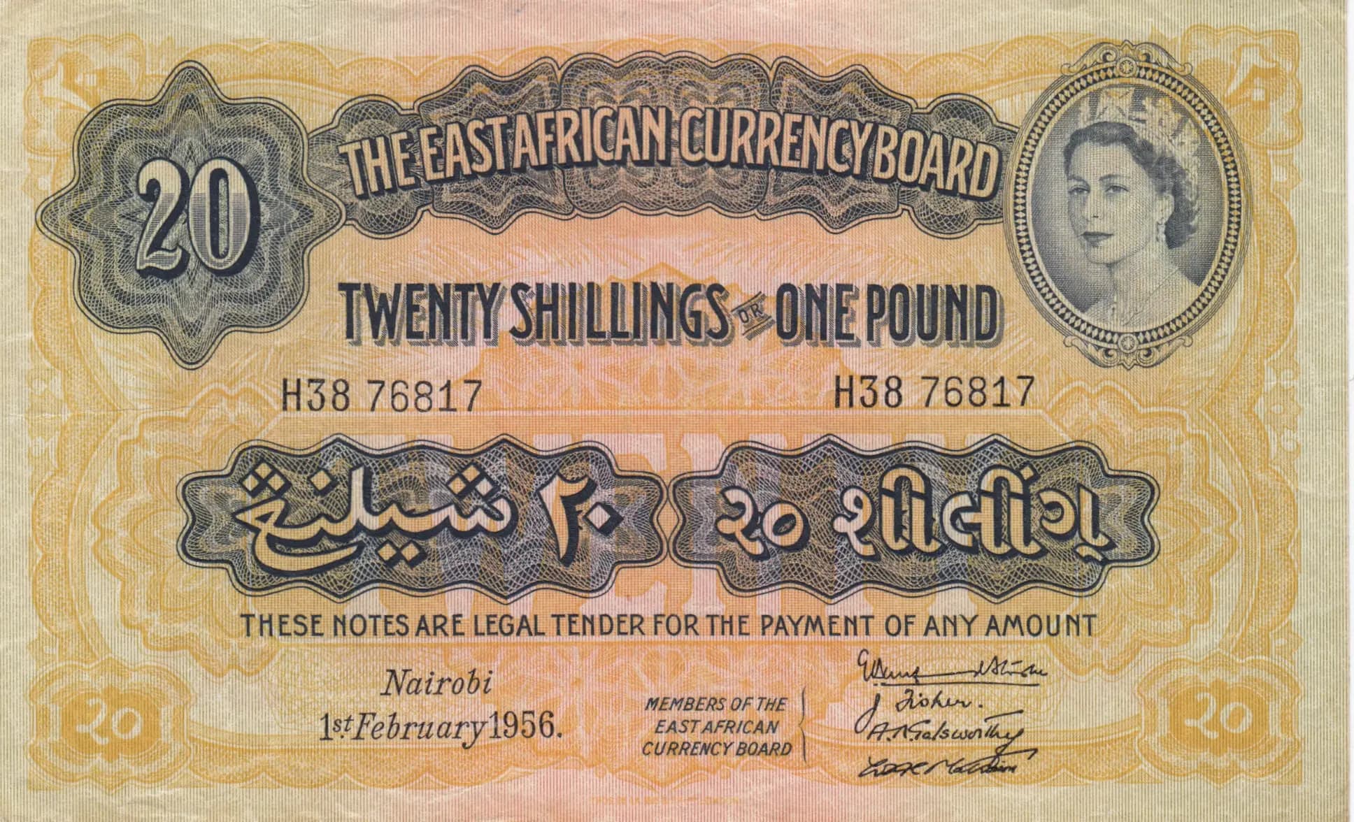 20 shillings 1956 from East Africa, P-35