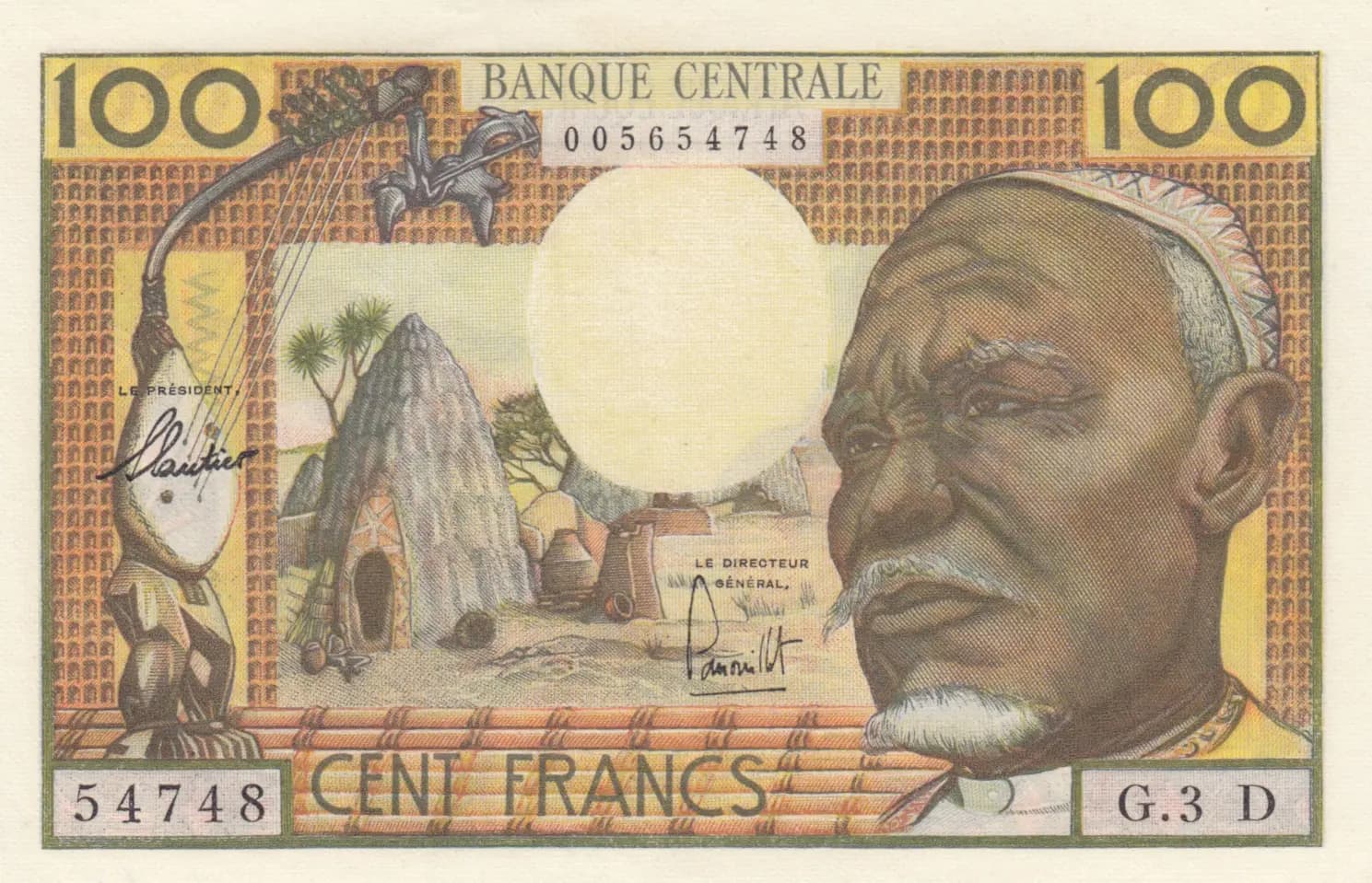 100 francs 1963 from Equatorial African States, P-3d