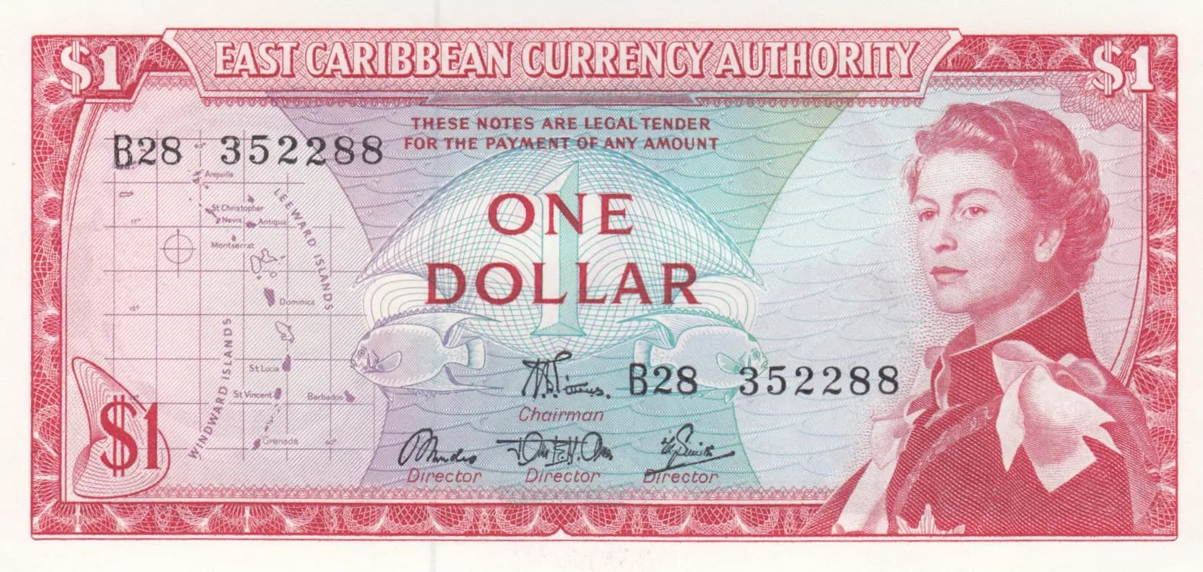 1 dollar 1965 from East Caribbean States, P-13d(1)