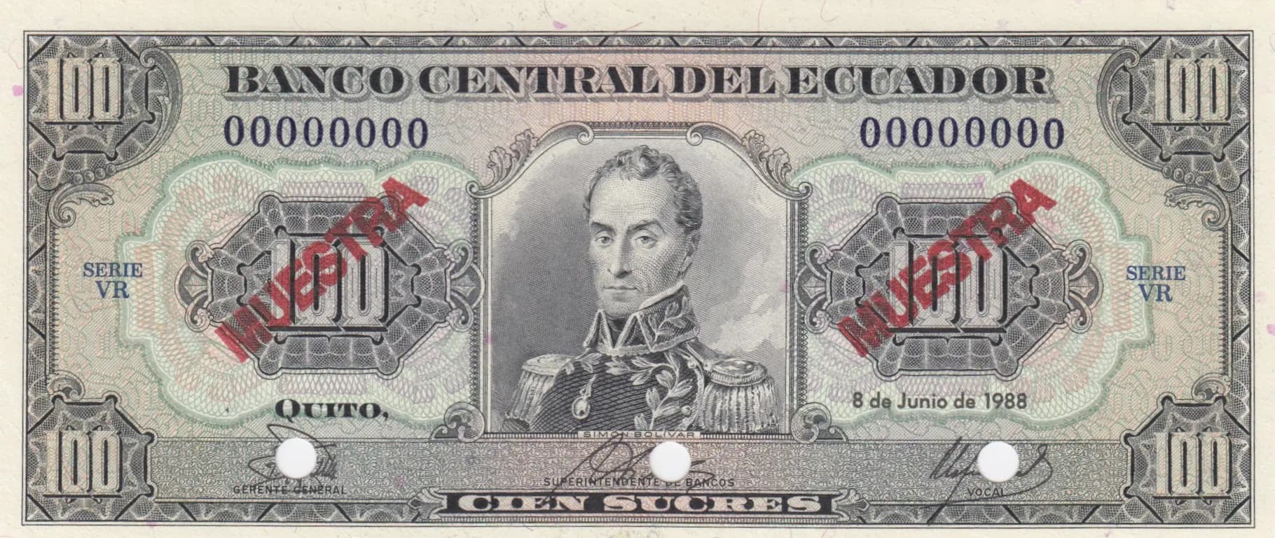 100 sucres 1988 specimen from Ecuador, P-123Aas (1988) — image 1