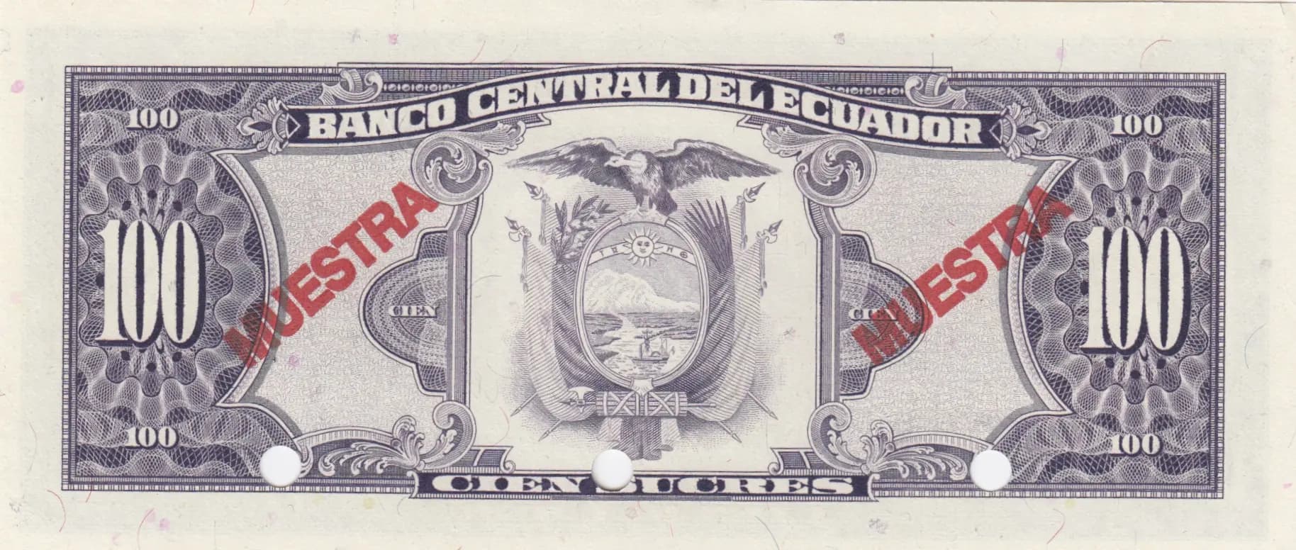 100 sucres 1988 specimen from Ecuador, P-123Aas (1988) — image 2