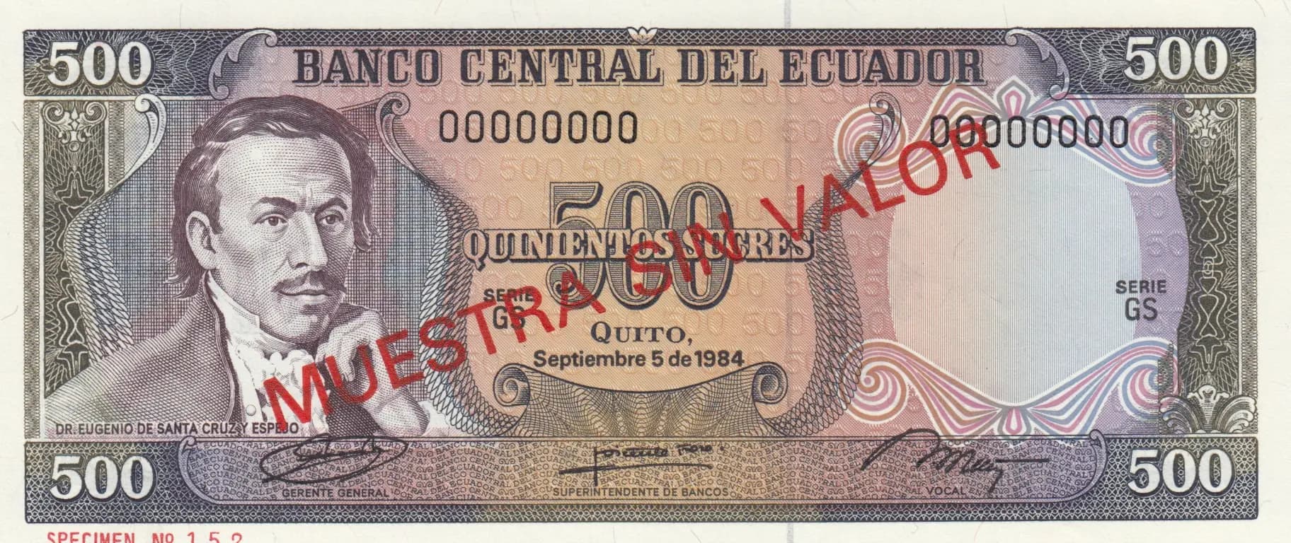 500 sucres 1984 specimen from Ecuador, P-124s (1984) — image 1