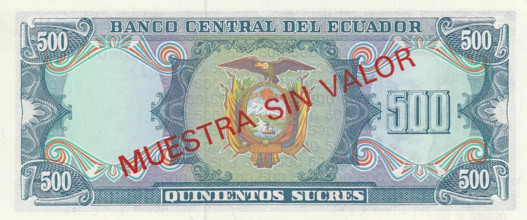 500 sucres 1984 specimen from Ecuador, P-124s (1984) — image 2