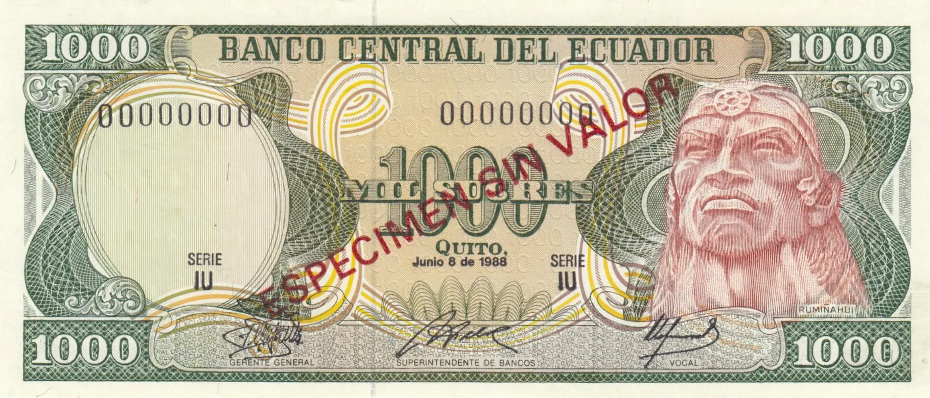1000 sucres 1988 specimen from Ecuador, P-125bs (1988) — image 1