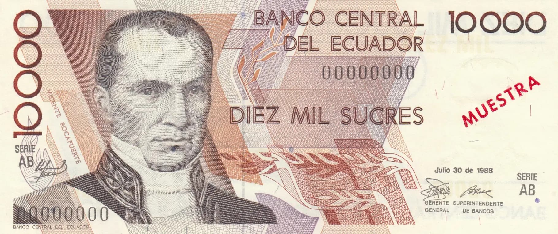 10 000 sucres 1988 specimen from Ecuador, P-127as (1988) — image 1