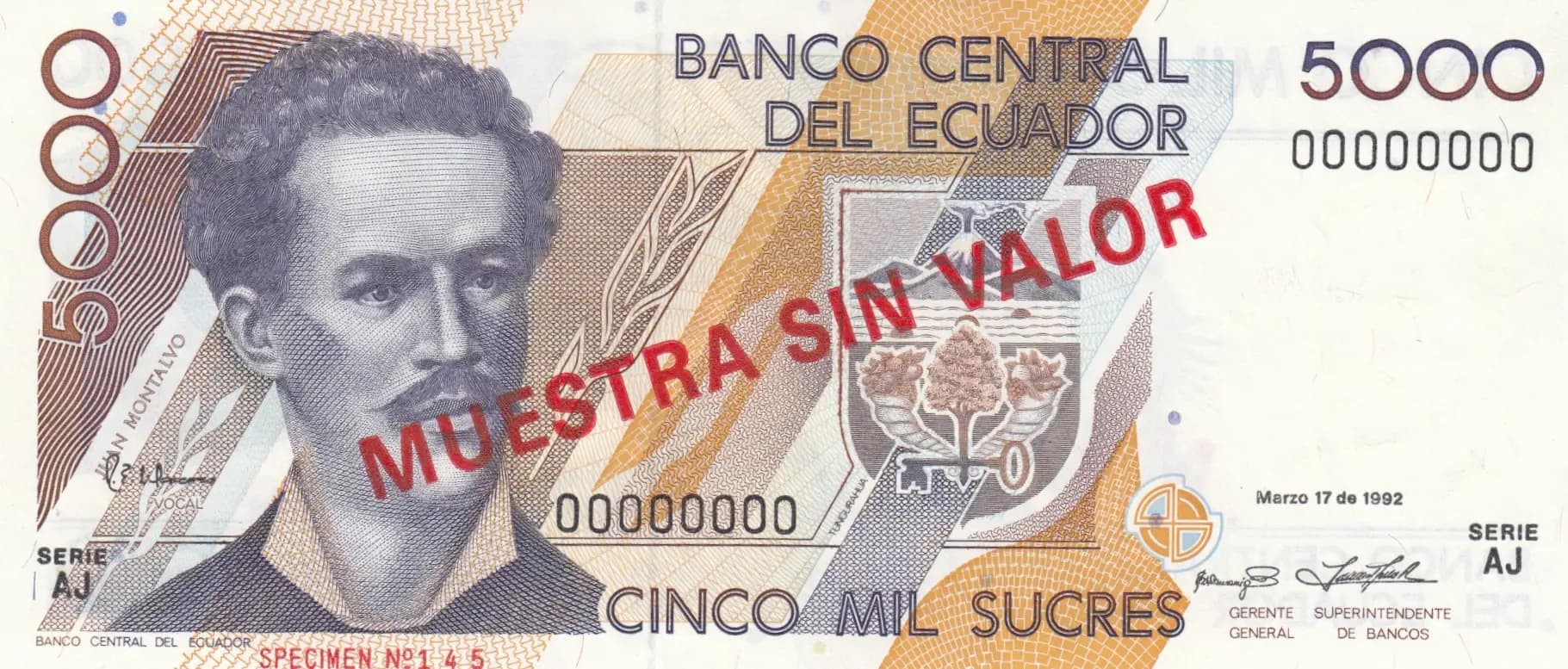 5000 sucres 1992 specimen from Ecuador, P-128as (1992) — image 1