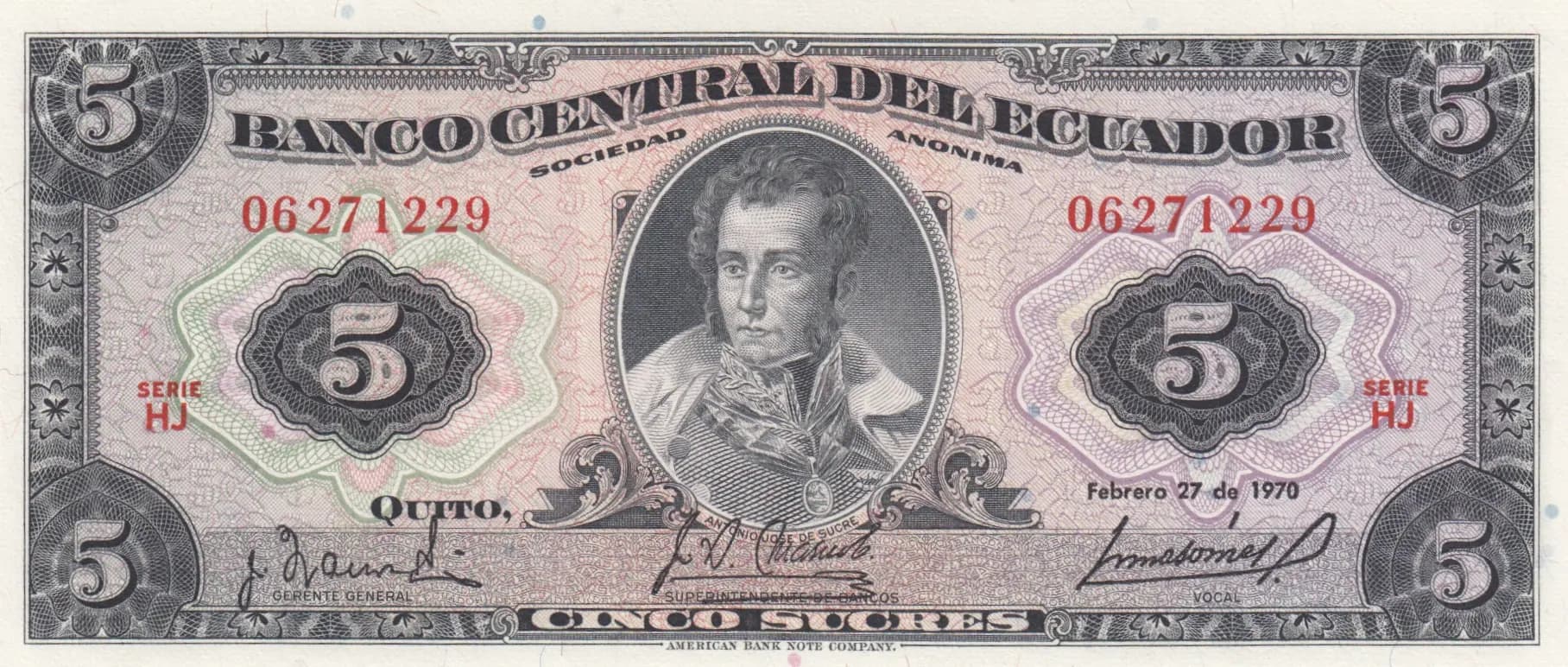 5 sucres 1970 from Ecuador, P-100d (1970) — image 1