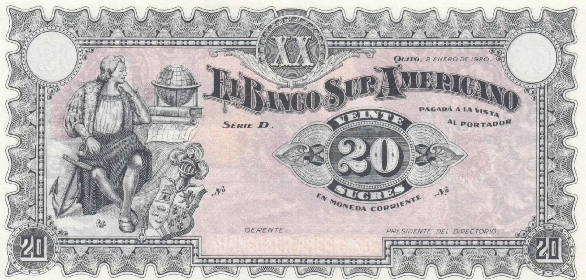 20 sucres 1920 from Ecuador, P-S253a