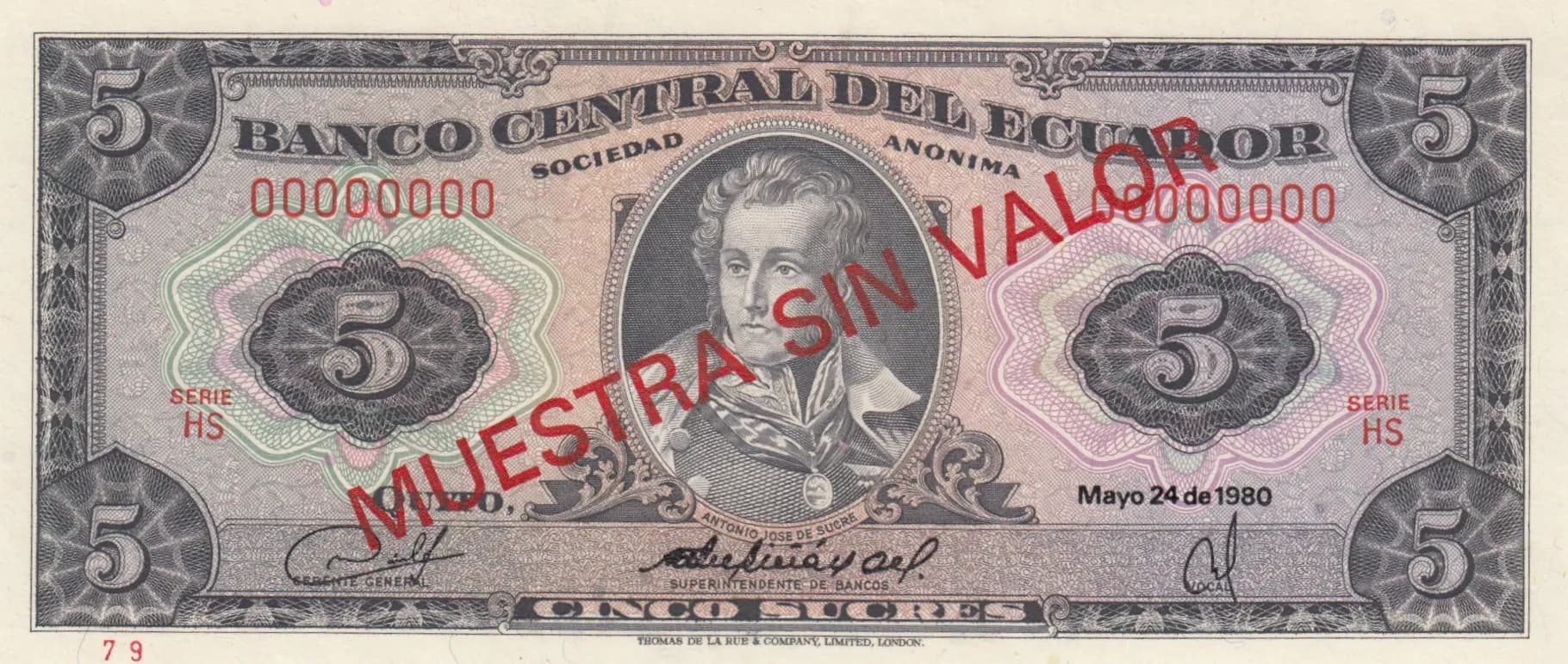 5 sucres 1980 specimen from Ecuador, P-113cs (1980) — image 1