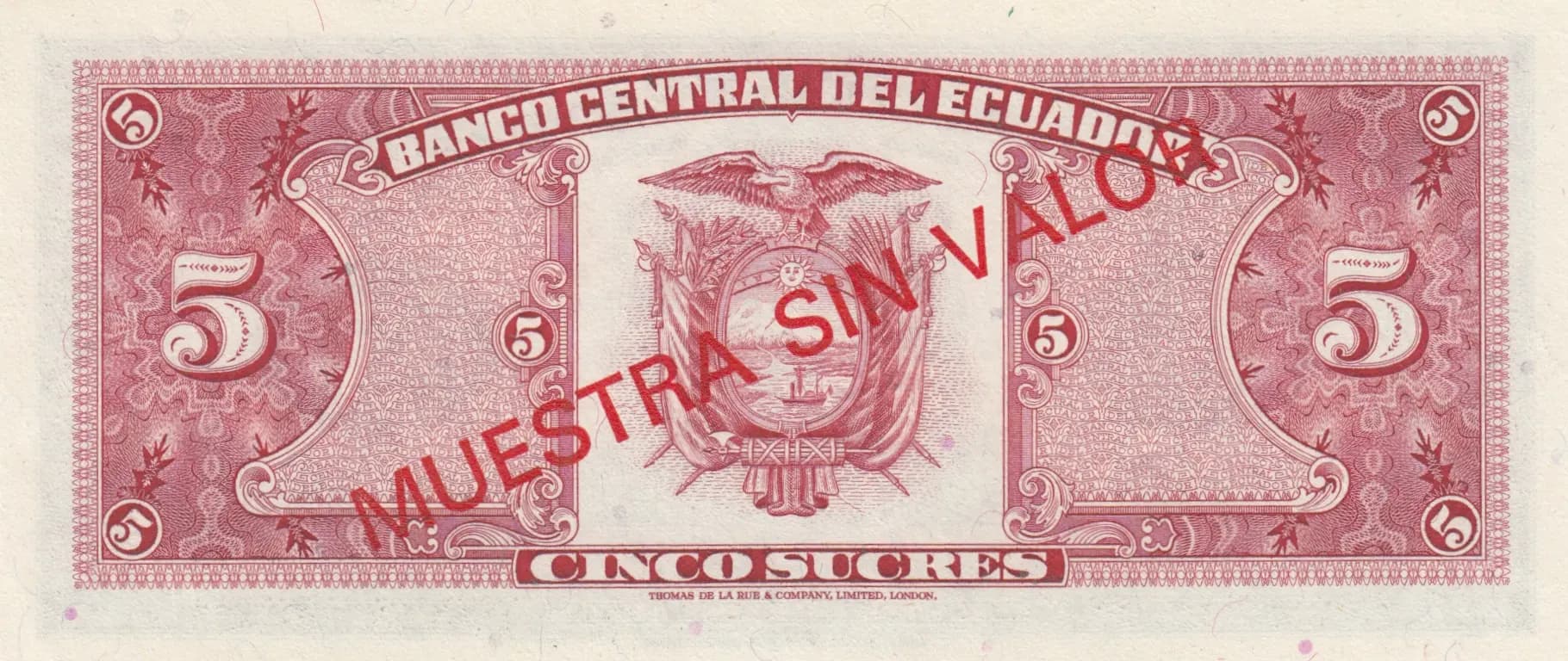 5 sucres 1980 specimen from Ecuador, P-113cs (1980) — image 2
