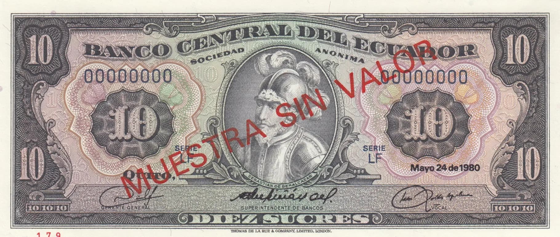 10 sucres 1980 specimen from Ecuador, P-114bs (1980) — image 1