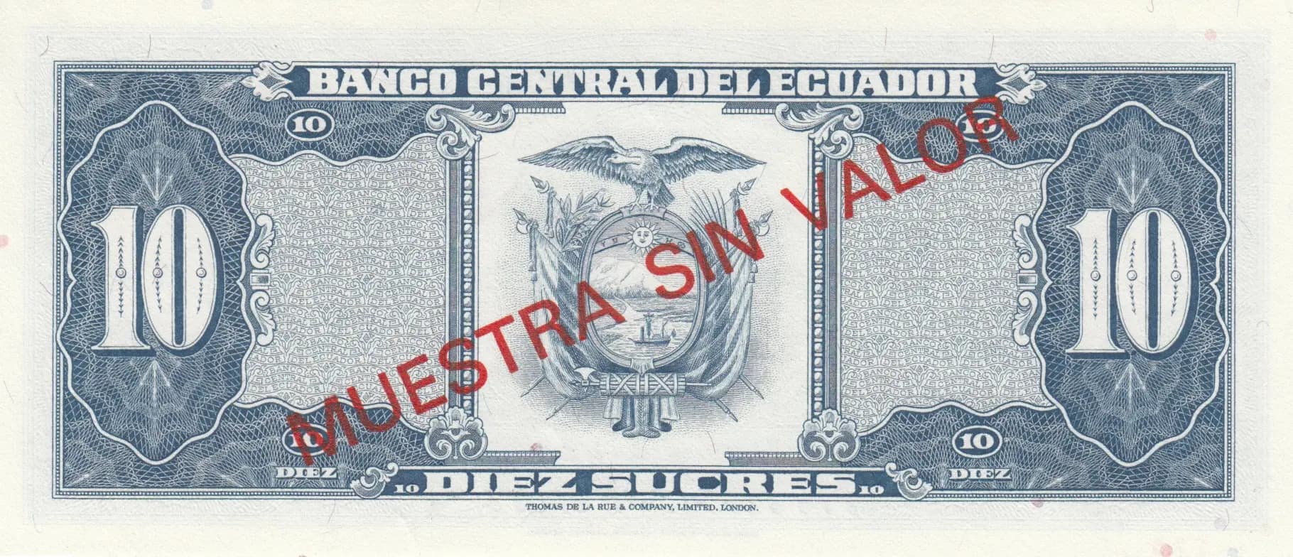 10 sucres 1980 specimen from Ecuador, P-114bs (1980) — image 2