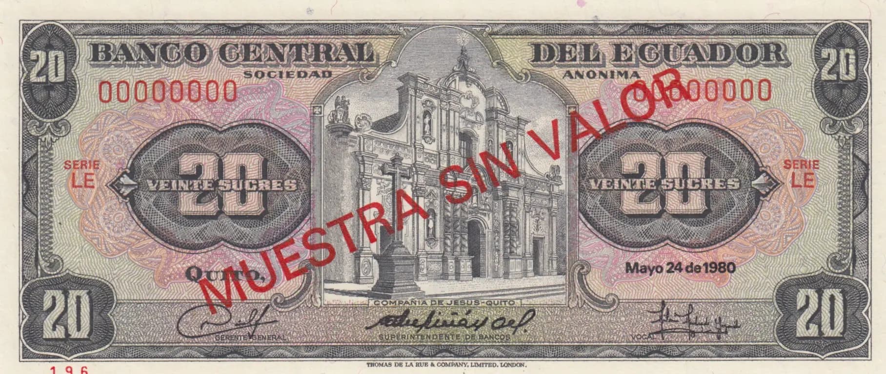 20 sucres 1980 specimen from Ecuador, P-115bs (1980) — image 1