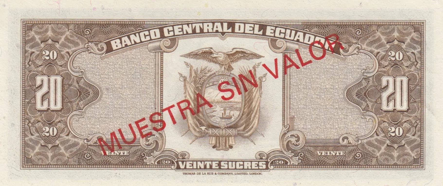 20 sucres 1980 specimen from Ecuador, P-115bs (1980) — image 2