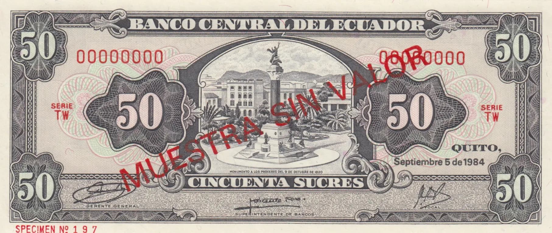 50 sucres 1984 specimen from Ecuador, P-122s (1984) — image 1