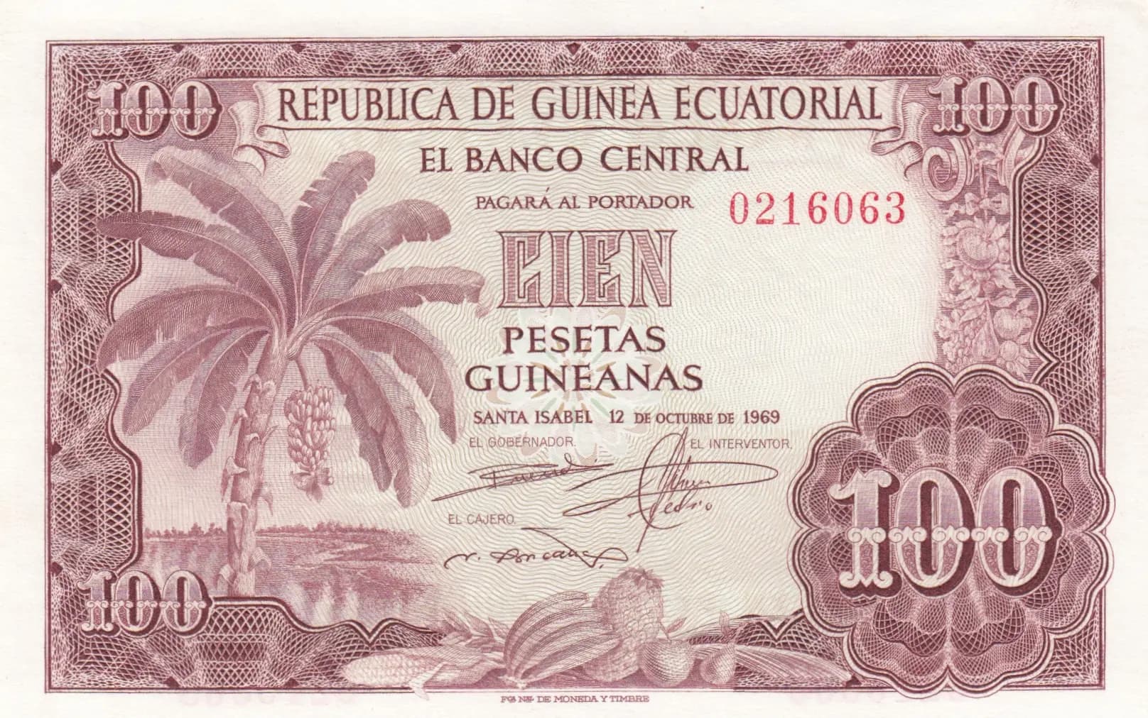100 pesetas 1969 from Equatorial Guinea, P-1