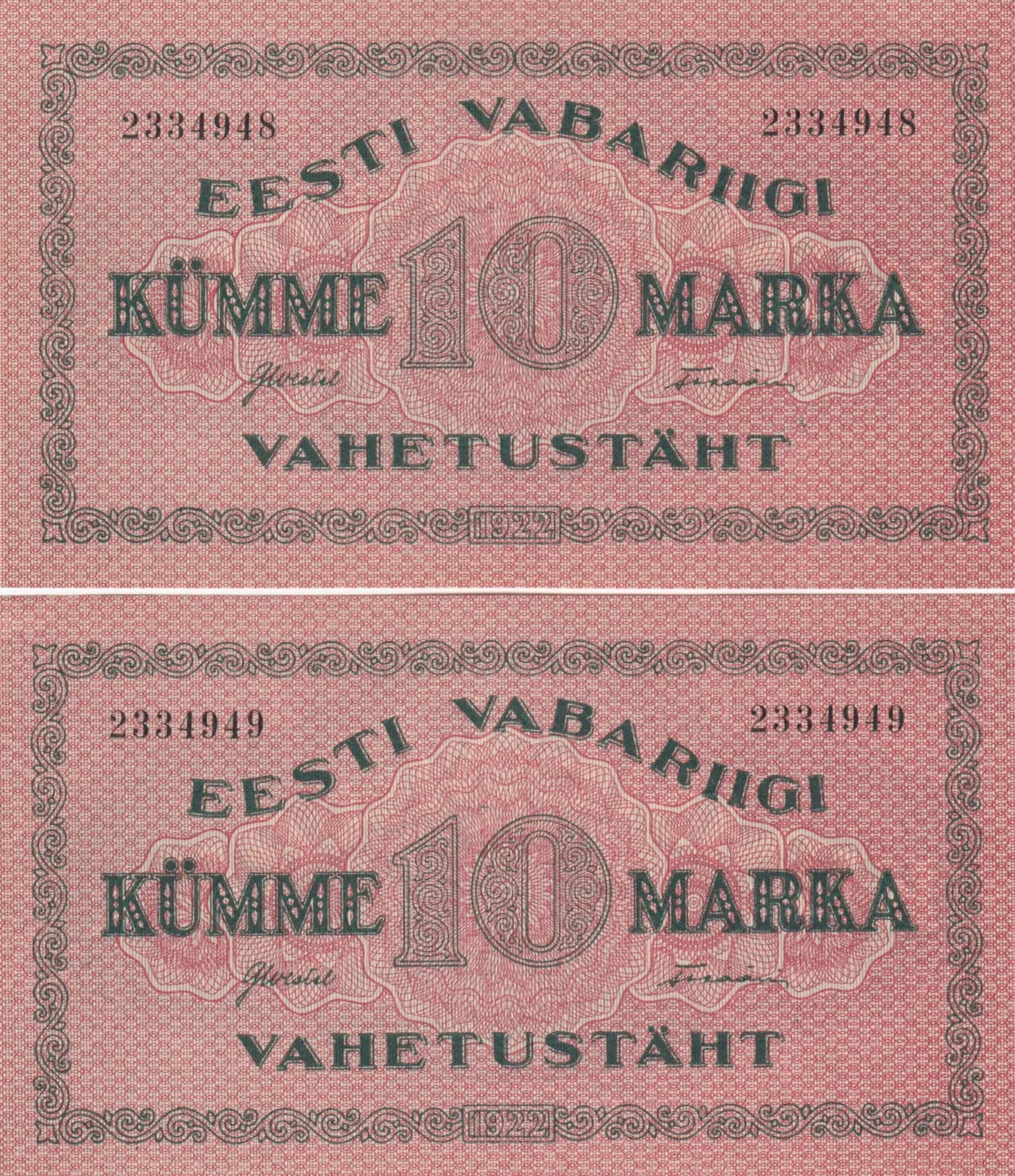 10 marka 1922 pair from Estonia, P-53a