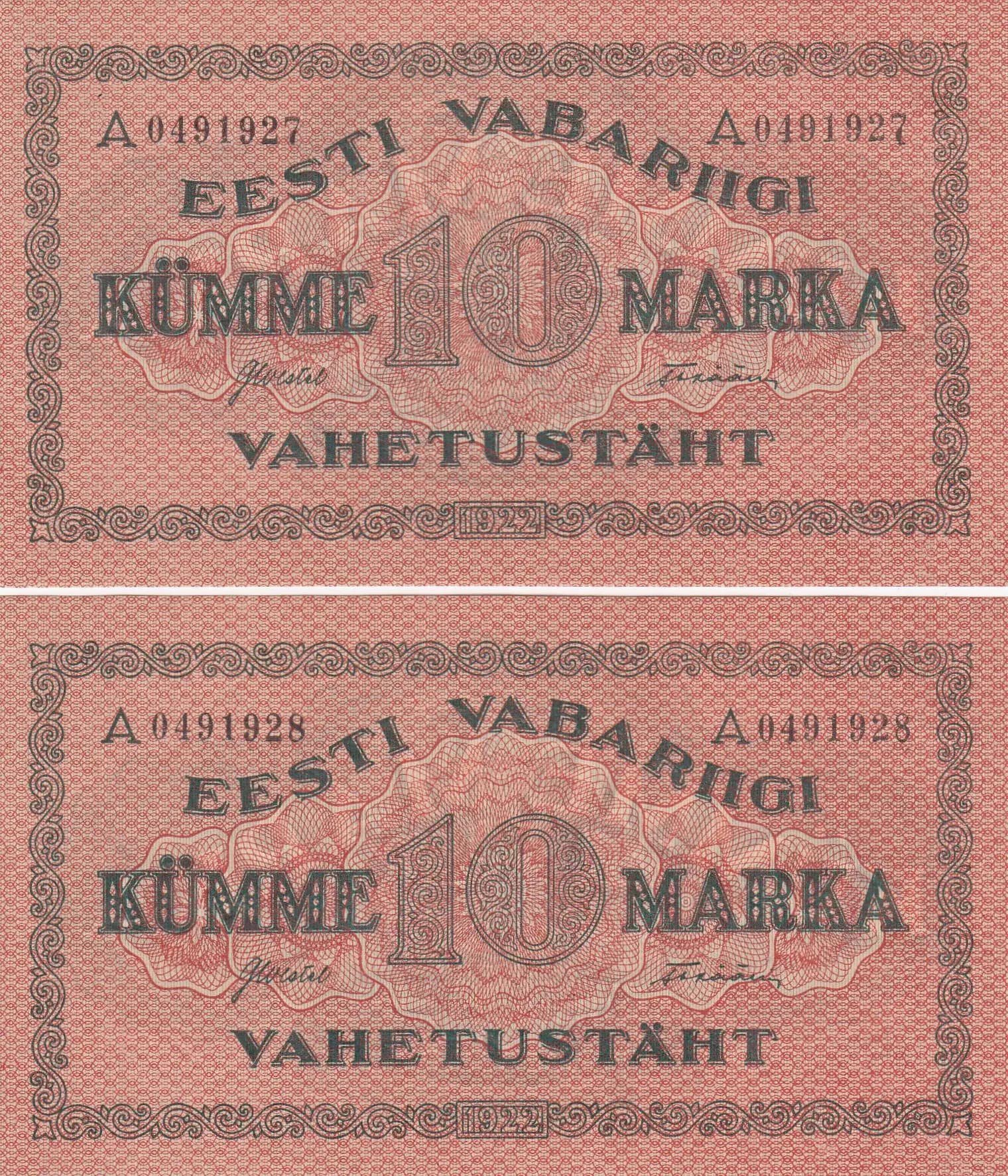 10 marka 1922 pair from Estonia, P-53b (1922) — image 1