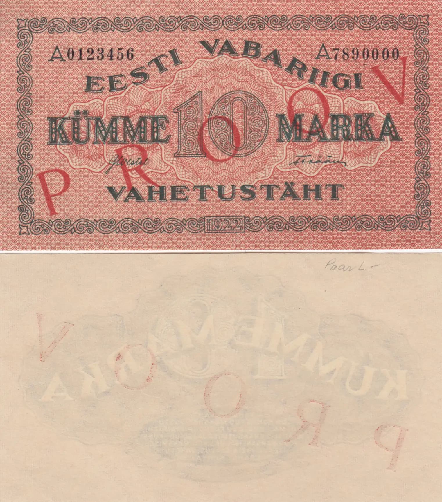 10 marka 1922 specimen from Estonia, P-53bs (1922) — image 1