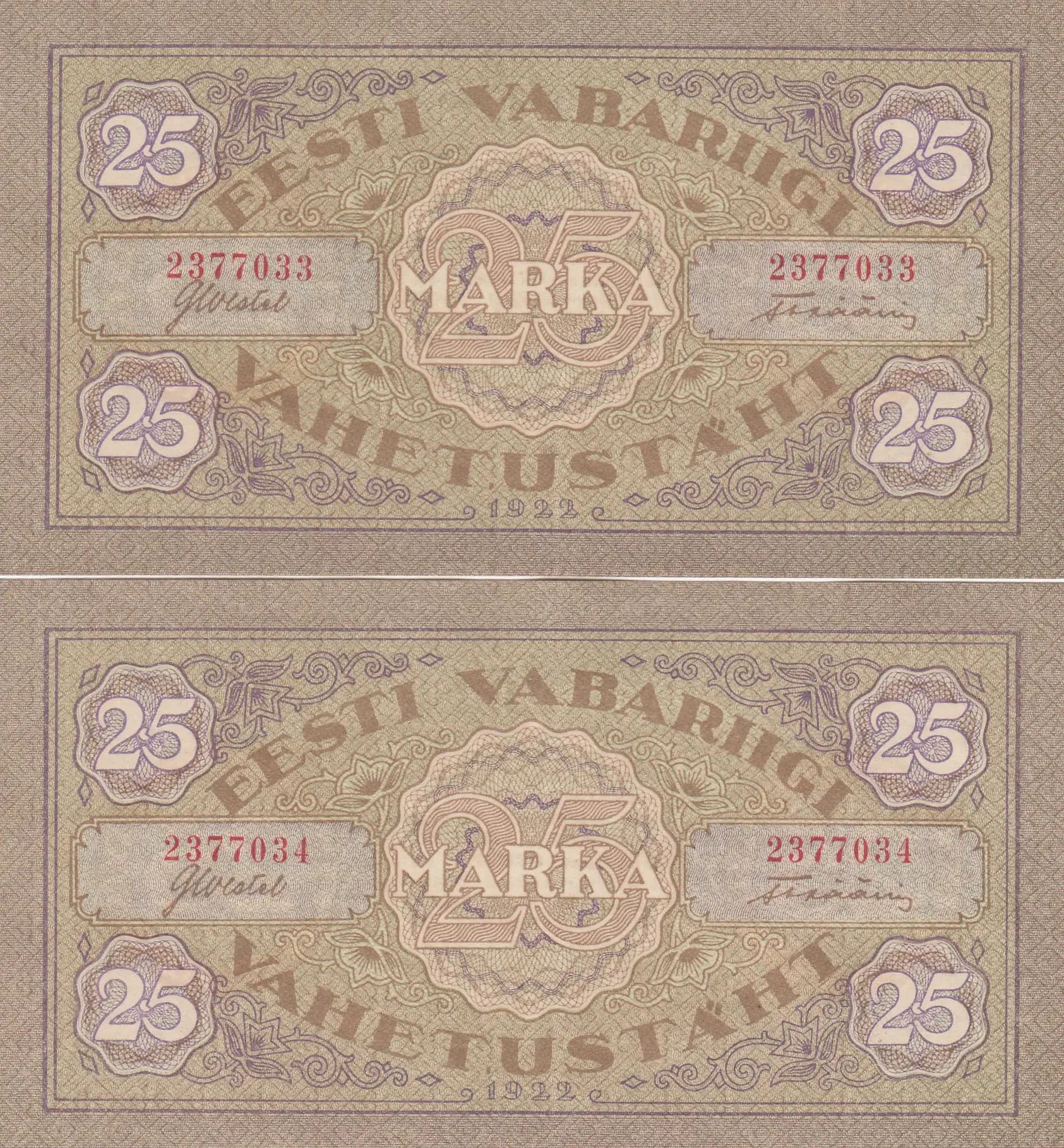 25 marka 1922 pair from Estonia, P-54a