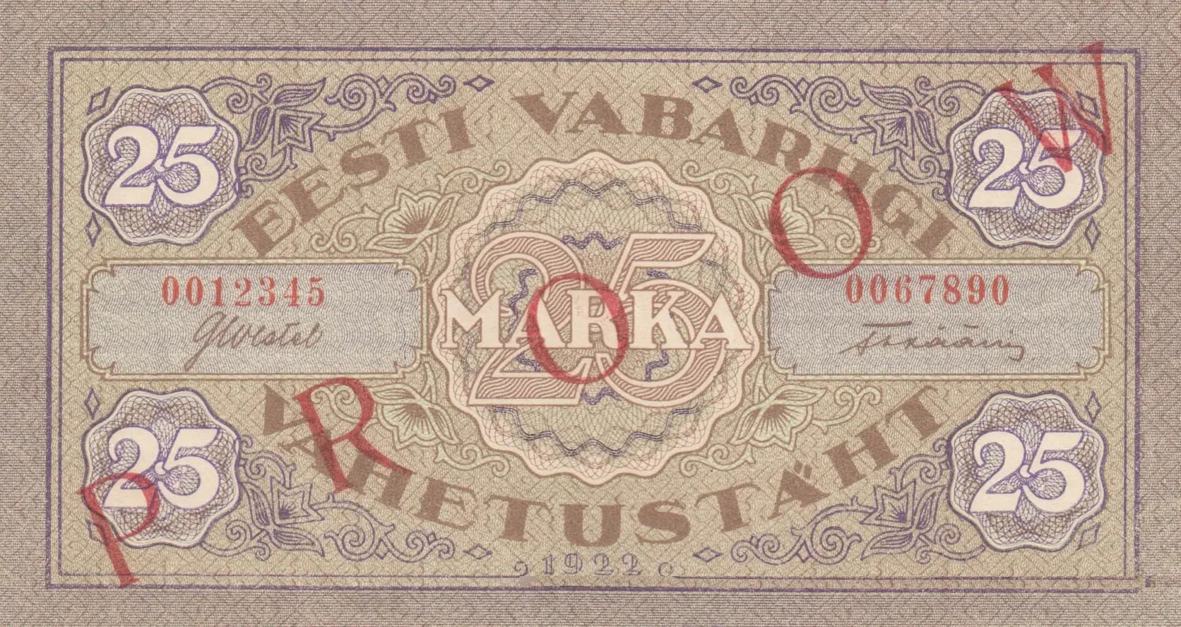 25 marka 1922 specimen, uniface from Estonia, P-54as2