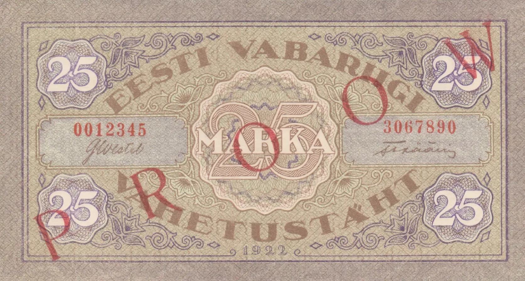 25 marka 1922 specimen, uniface from Estonia, P-54as3
