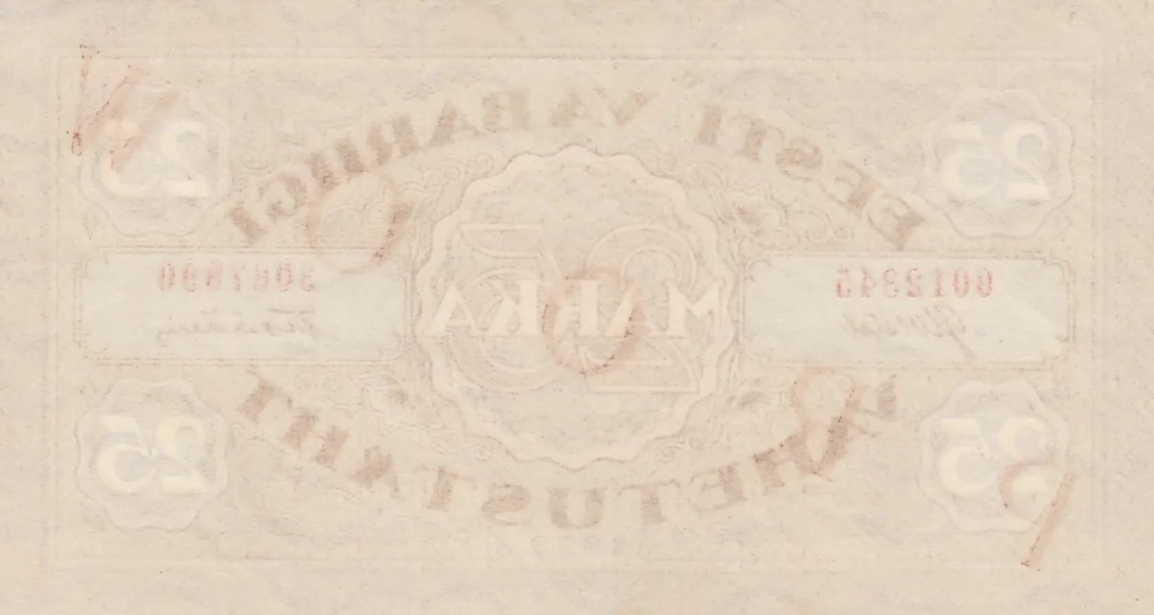 25 marka 1922 specimen, uniface from Estonia, P-54as3 (1922) — image 2