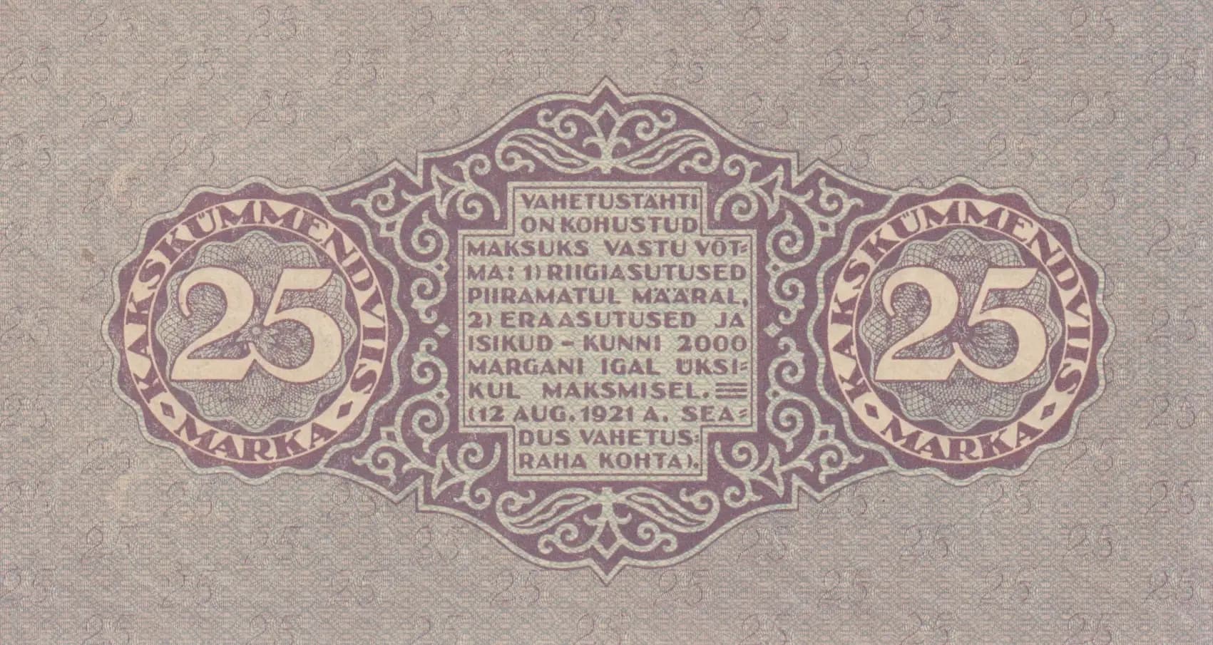 25 marka 1922 from Estonia, P-54c (1922) — image 2