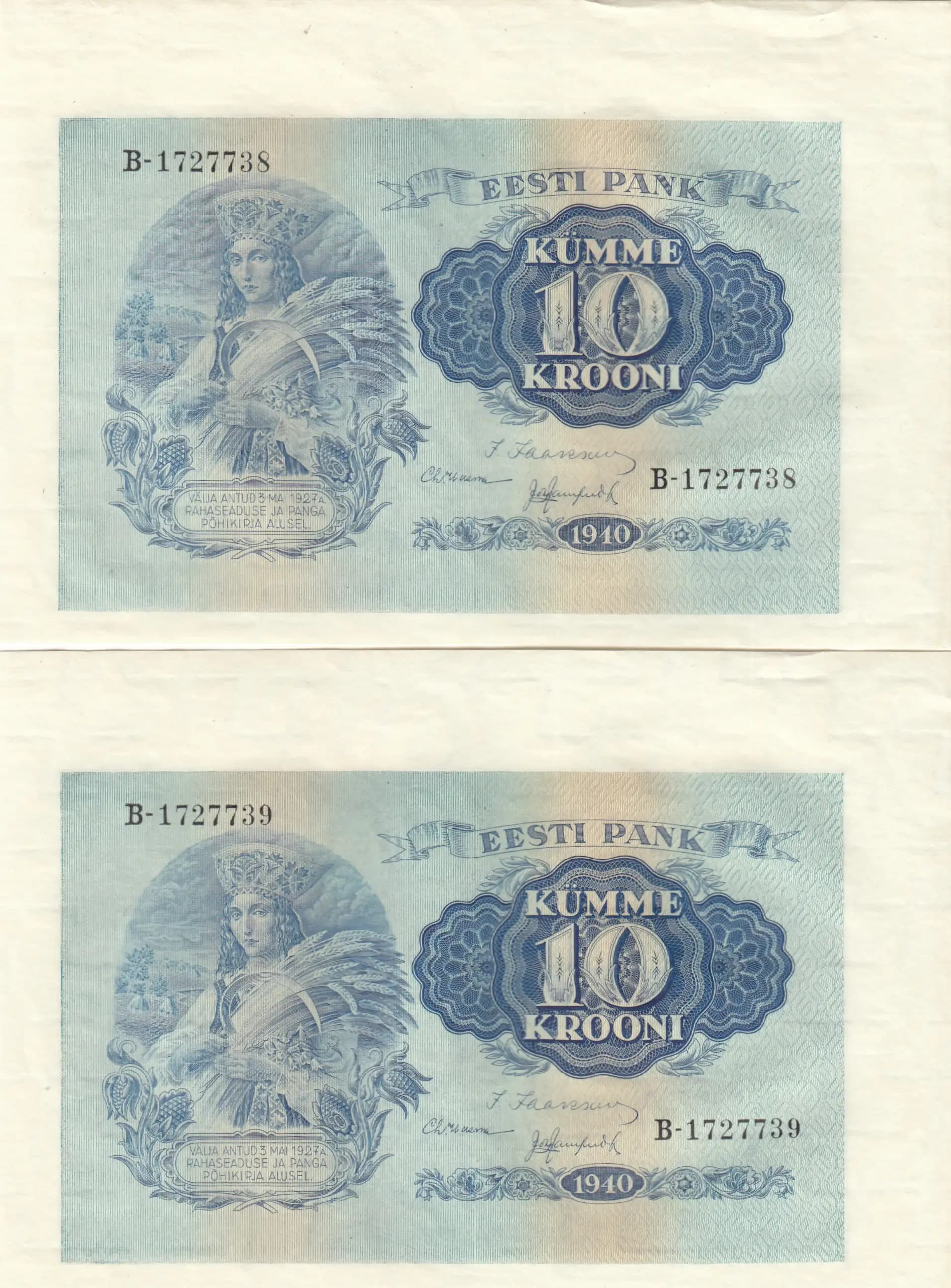 10 krooni 1940 pair from Estonia, P-68