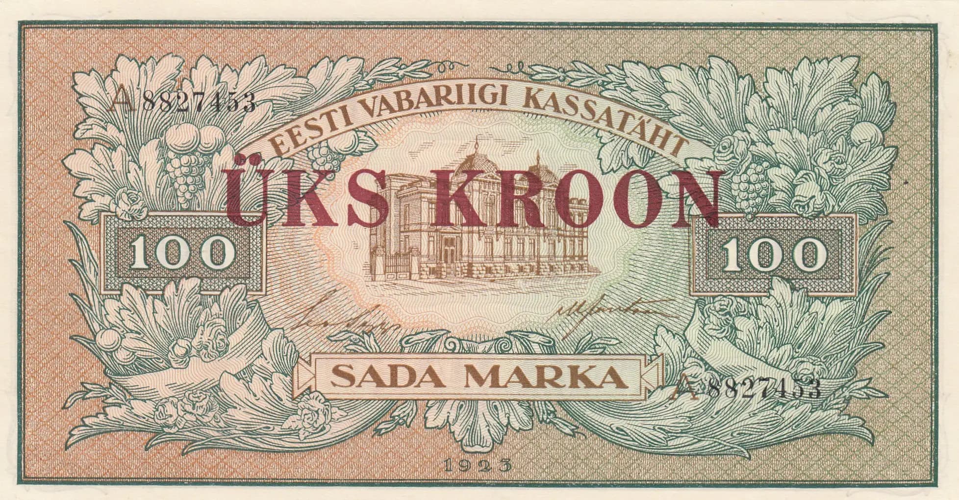 100 marka 1923/1 kroon 1928 from Estonia, P-61b