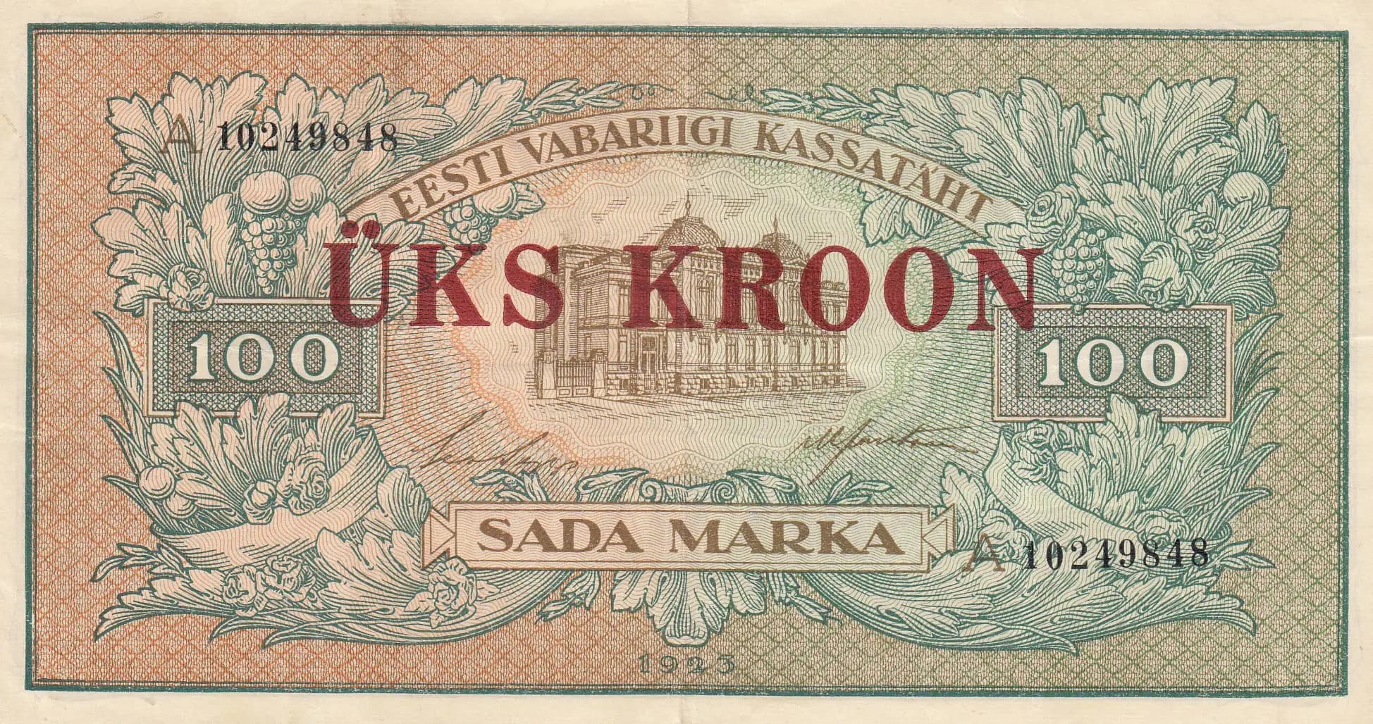 100 marka 1923/1 kroon 1928 from Estonia, P-61b (1928) — image 1