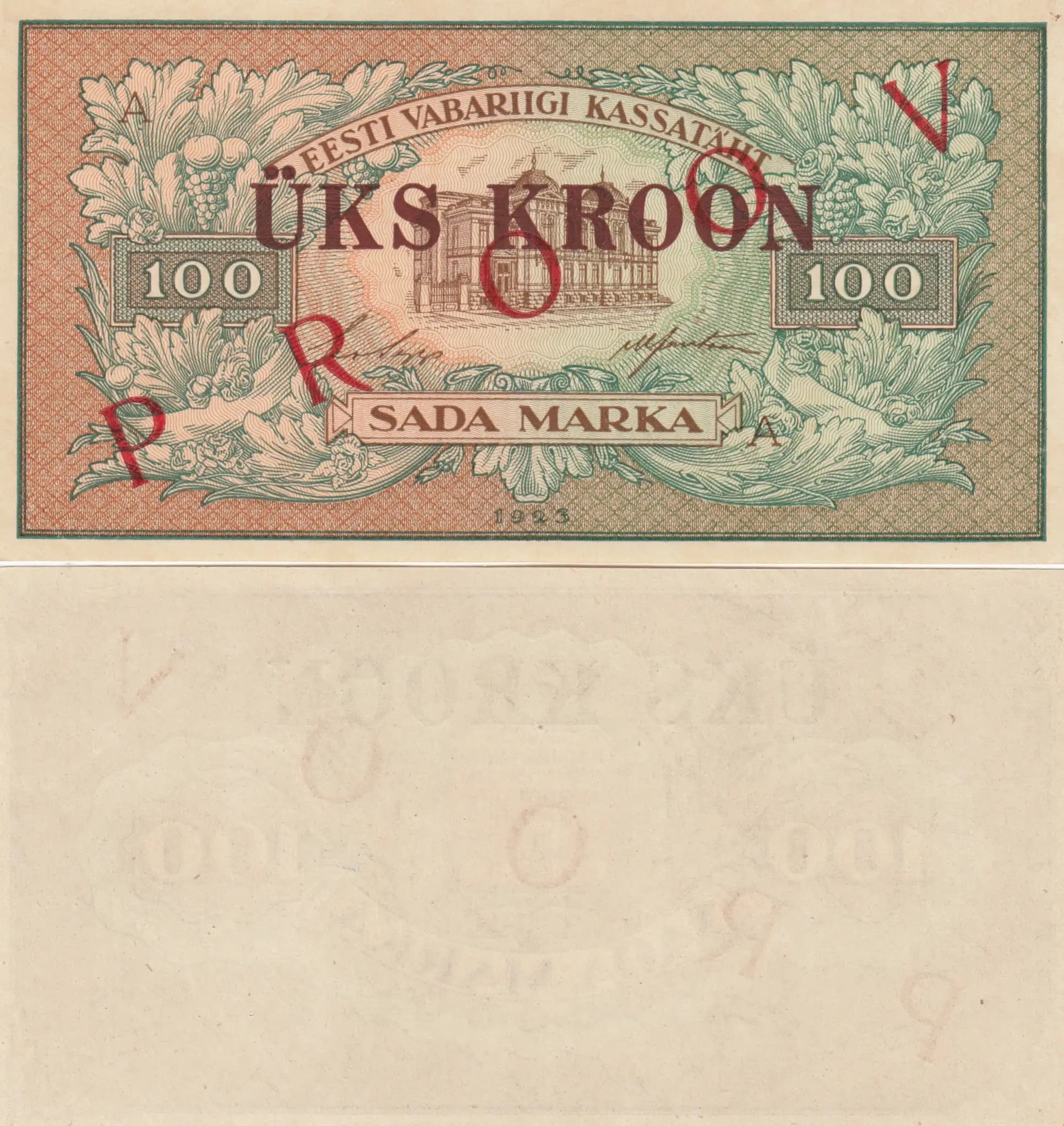 100 marka 1923/1 kroon 1928 specimen from Estonia, P-61bs