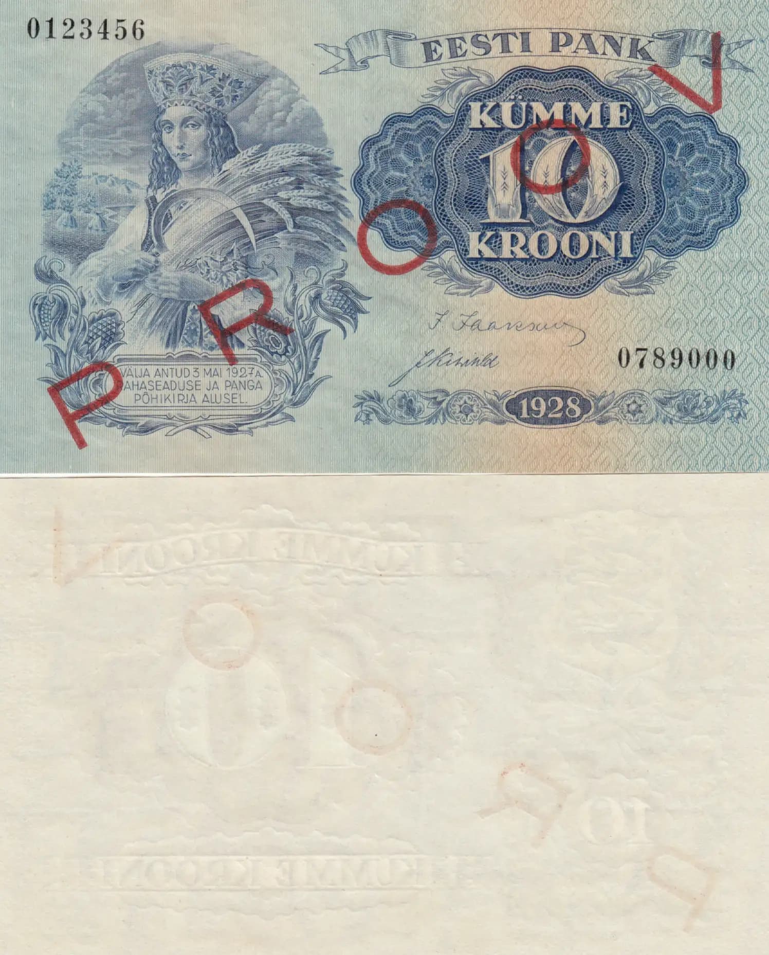 10 krooni 1928 specimen from Estonia, P-63s1