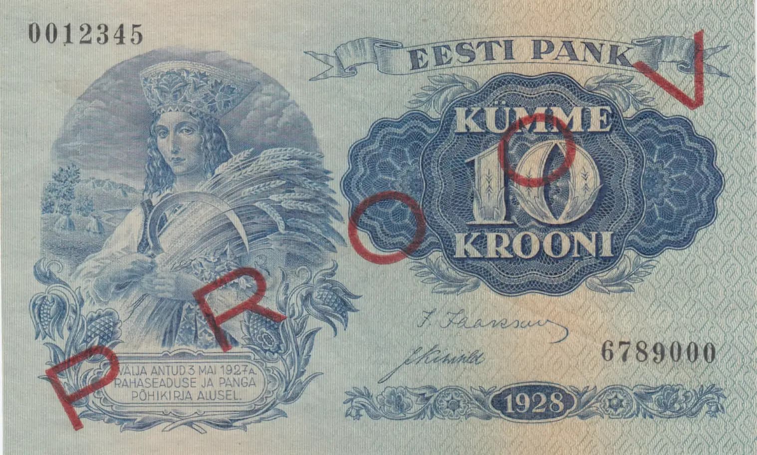 10 krooni 1928 specimen from Estonia, P-63s2