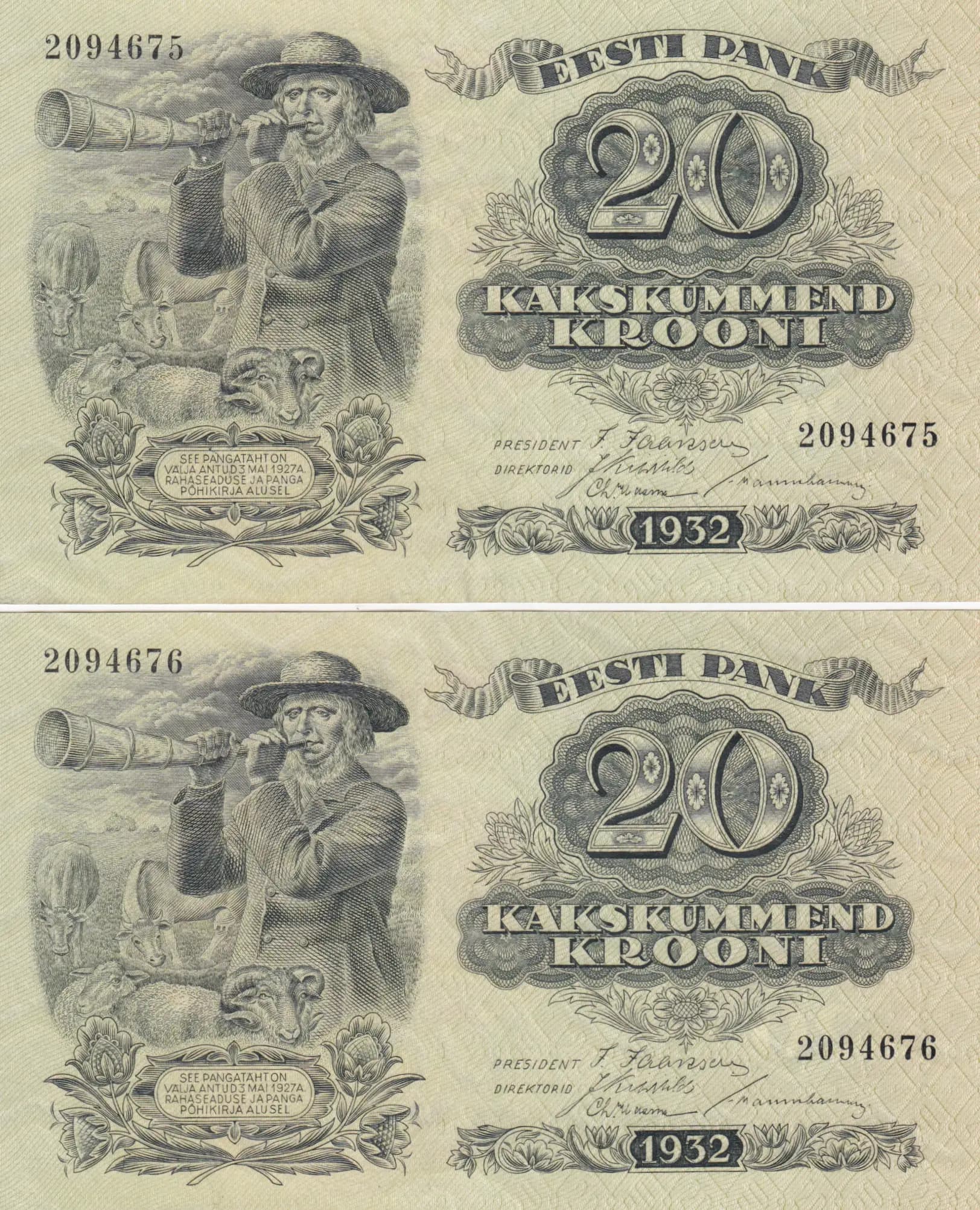 20 krooni 1932 pair from Estonia, P-64