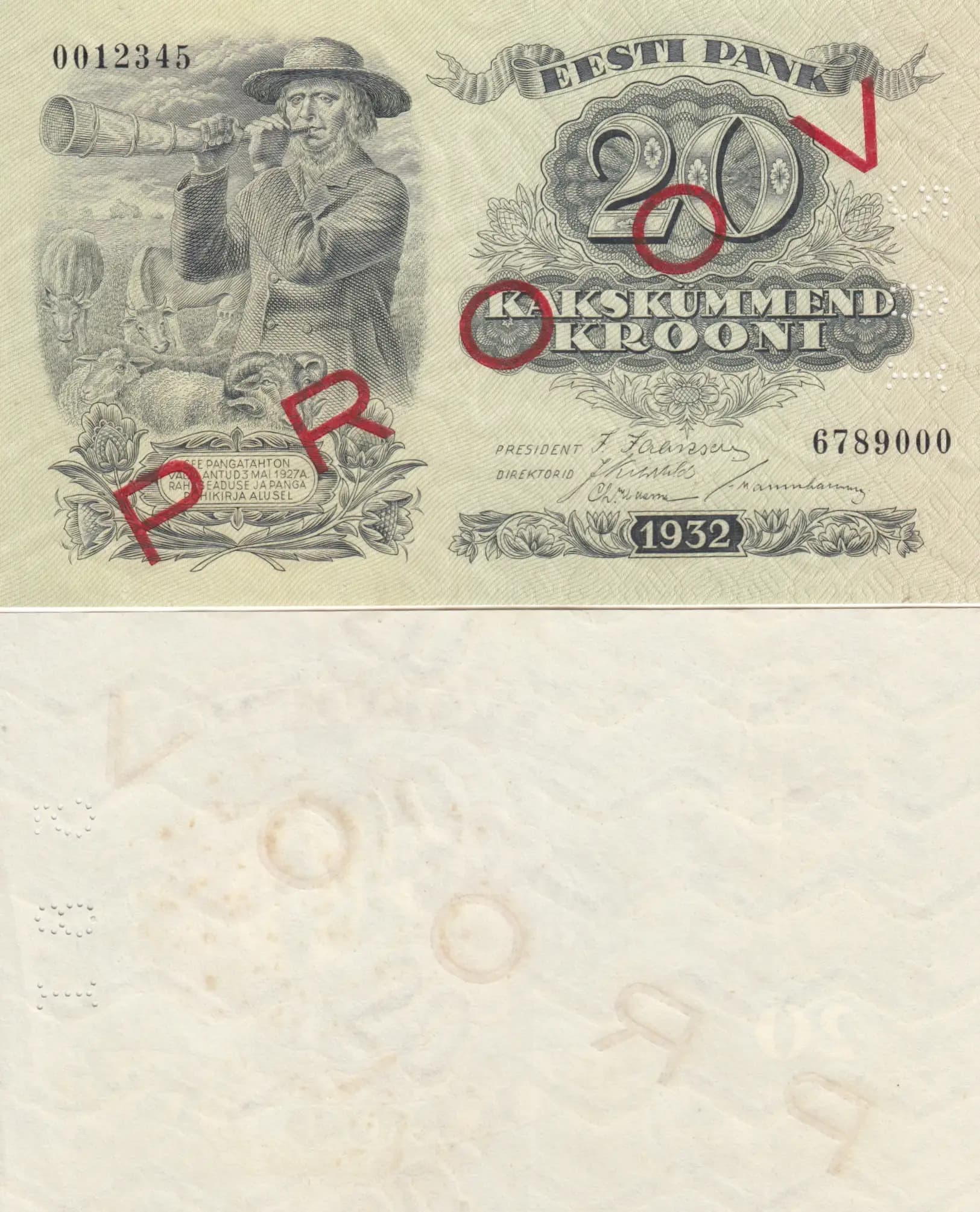 20 krooni 1932 specimen from Estonia, P-64s
