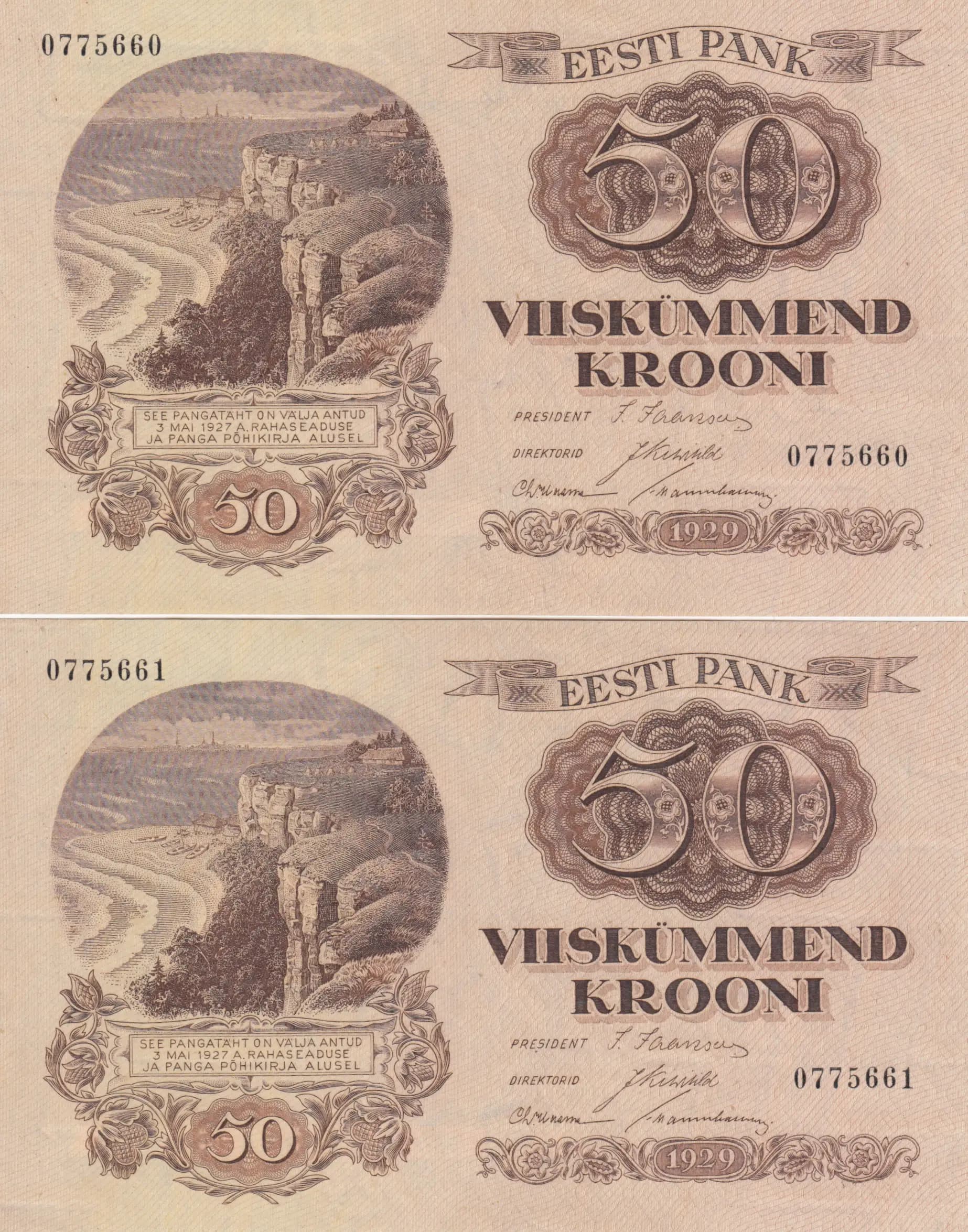 50 krooni 1929  pair from Estonia, P-65