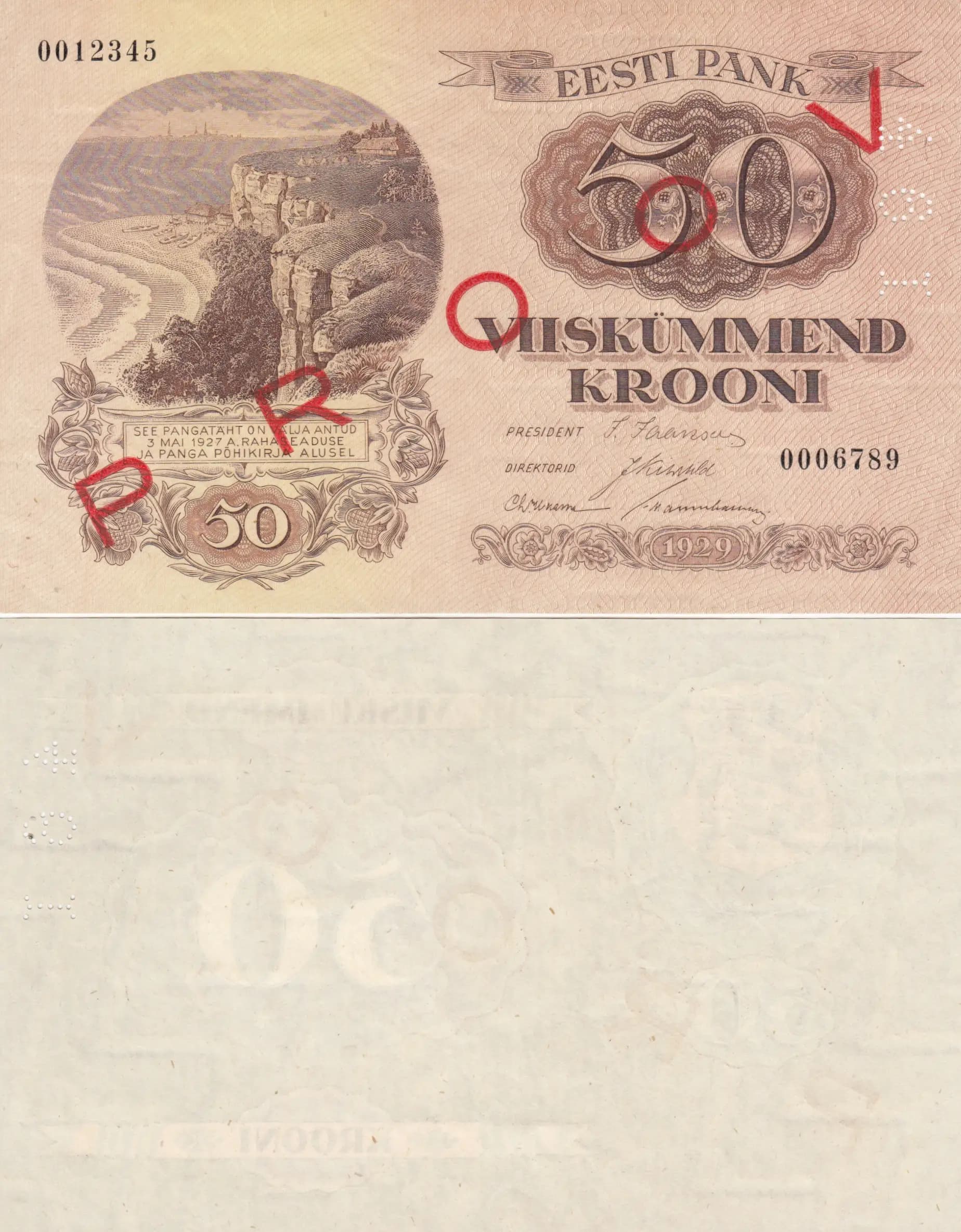 50 krooni 1929  specimen from Estonia, P-65s