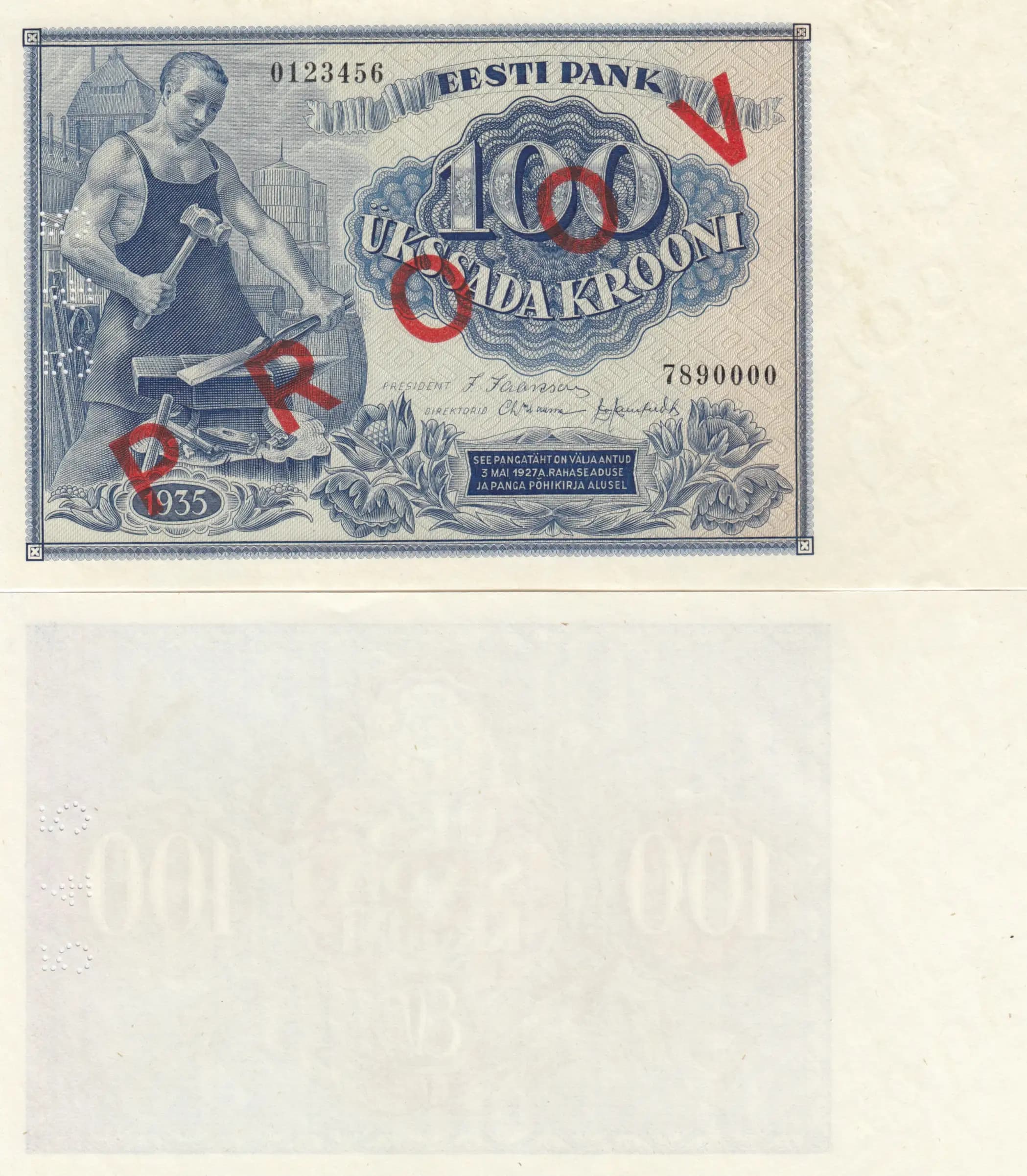 100 krooni 1935 specimen from Estonia, P-66s