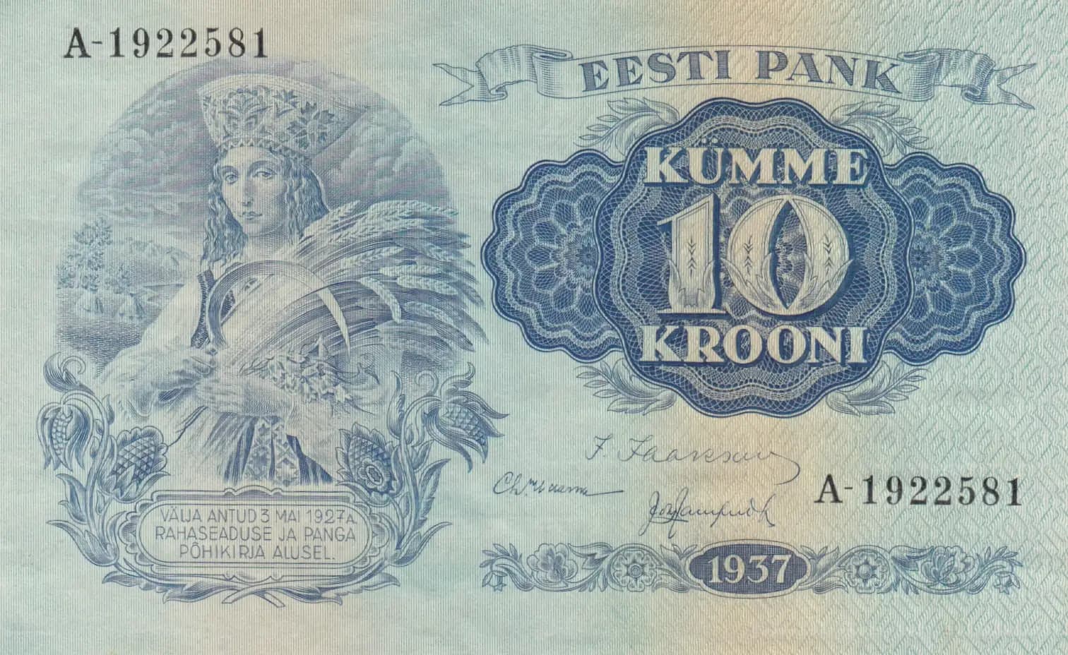 10 krooni 1937 from Estonia, P-67 (1937) — image 1