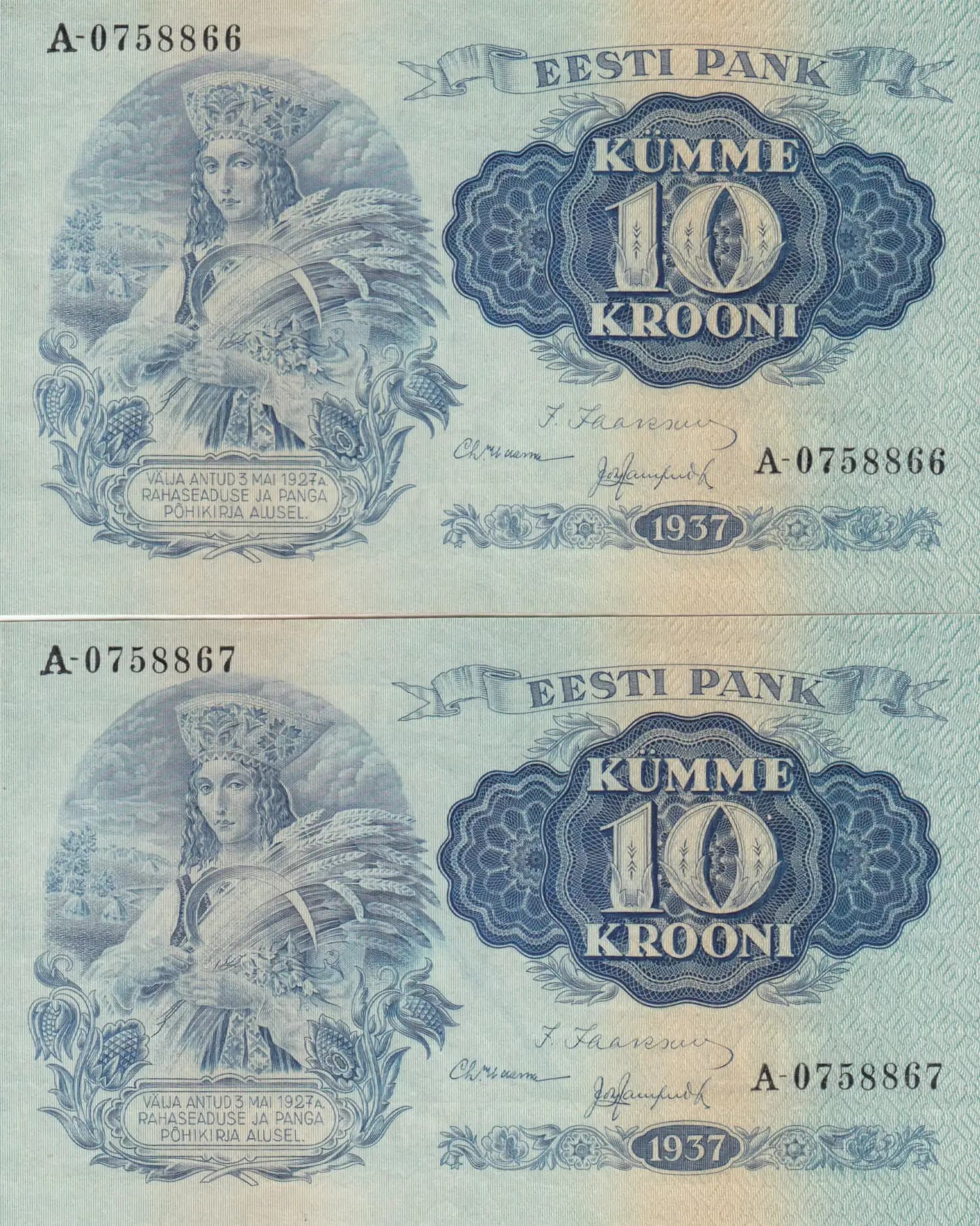 10 krooni 1937 pair from Estonia, P-67