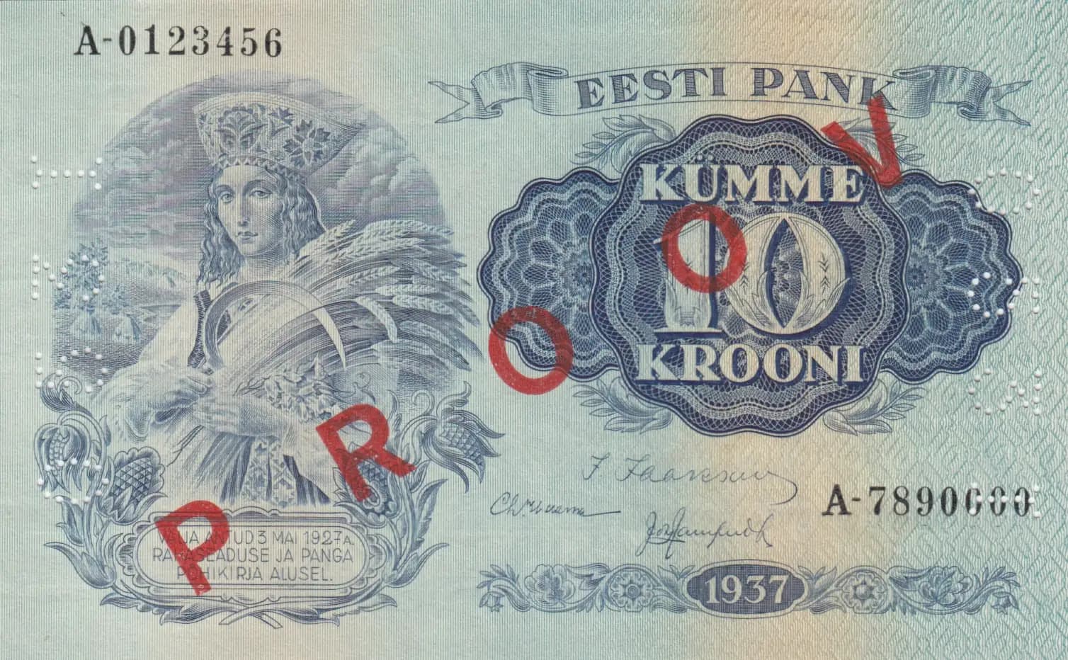 10 krooni 1937 specimen from Estonia, P-67s