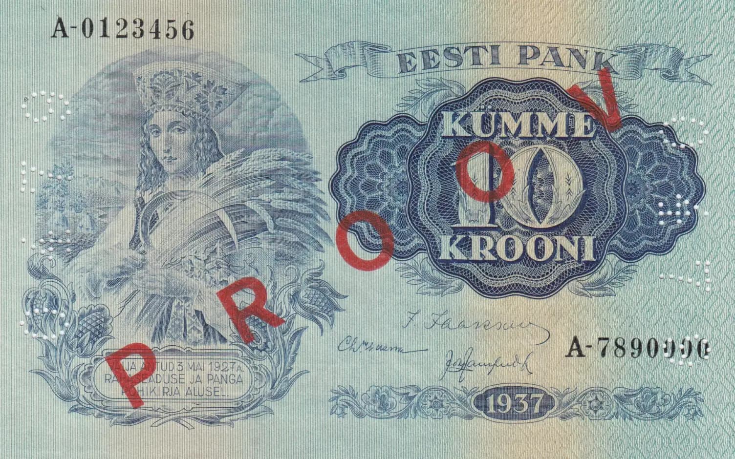 10 krooni 1937 specimen from Estonia, P-67s