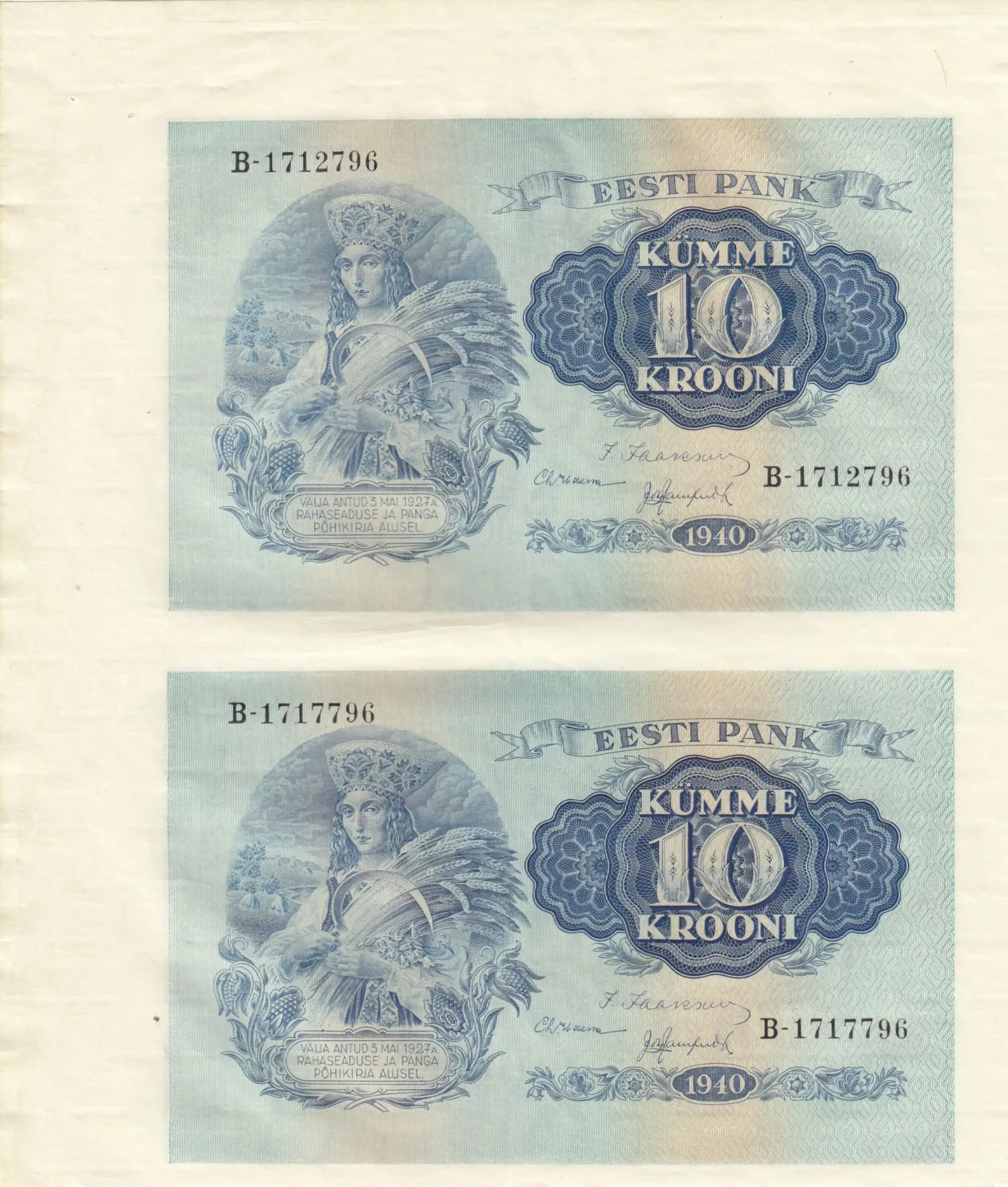 10 krooni 1940 uncut pair from Estonia, P-68 (1940) — image 1