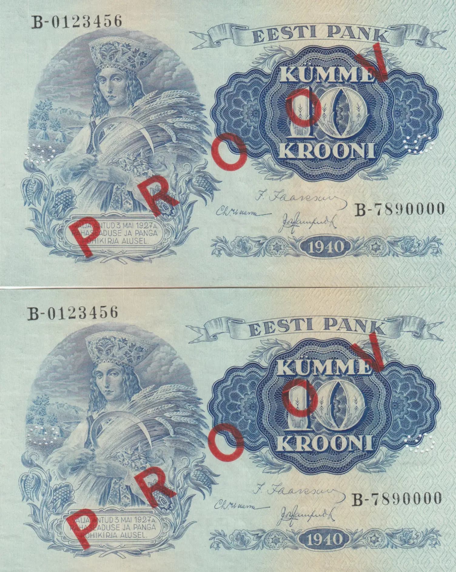 10 krooni 1940 specimen's pair from Estonia, P-68s (1940) — image 1