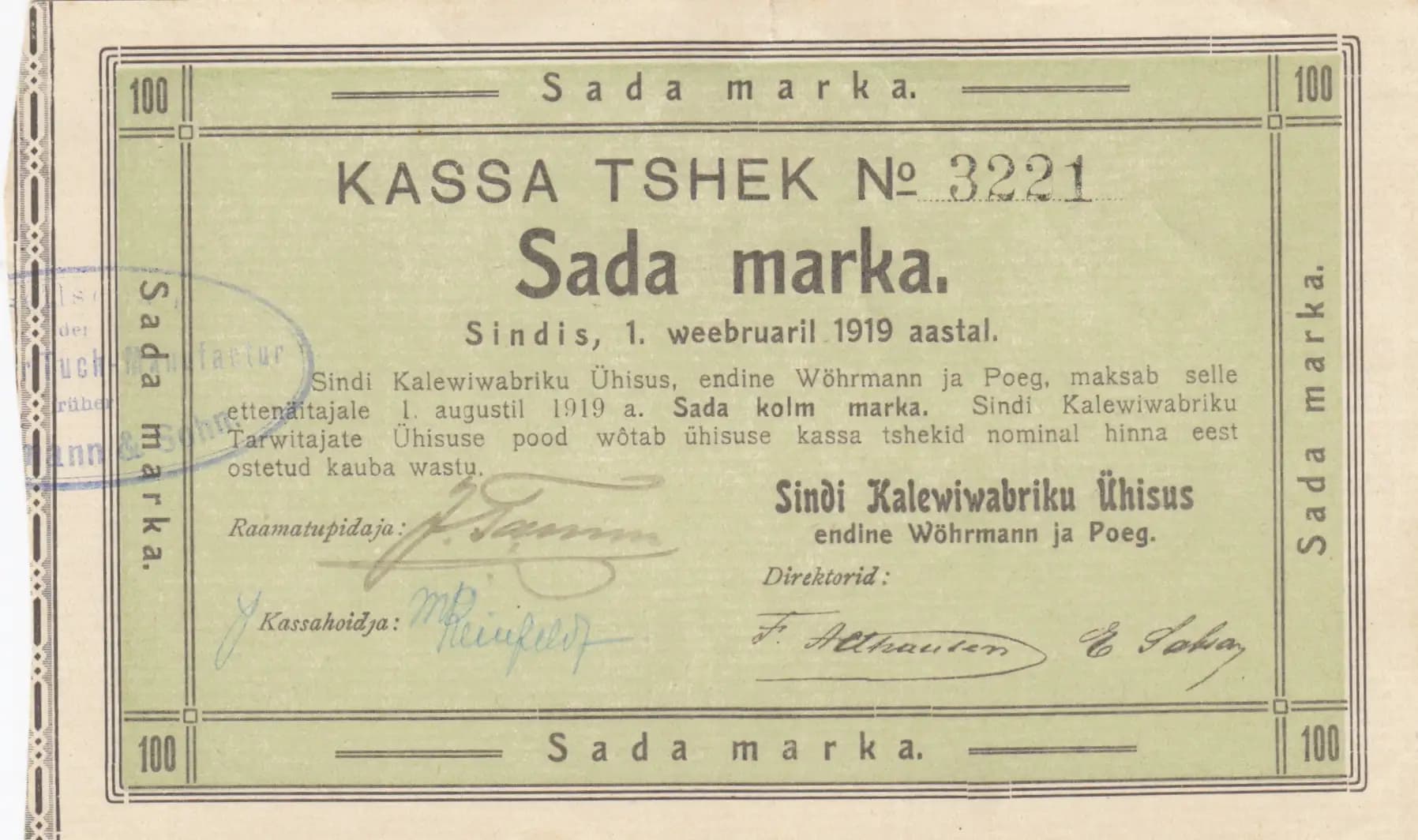 100 marka 1919 from Estonia, P-unlisted