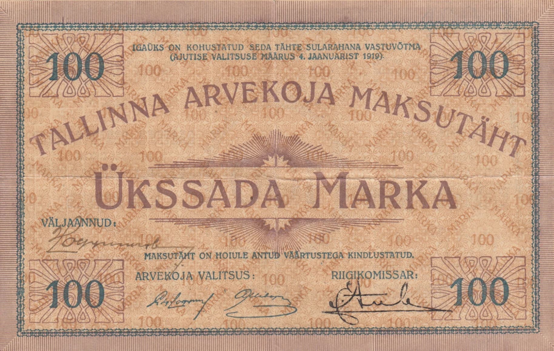 100 marka 1919 from Estonia, P-A3a